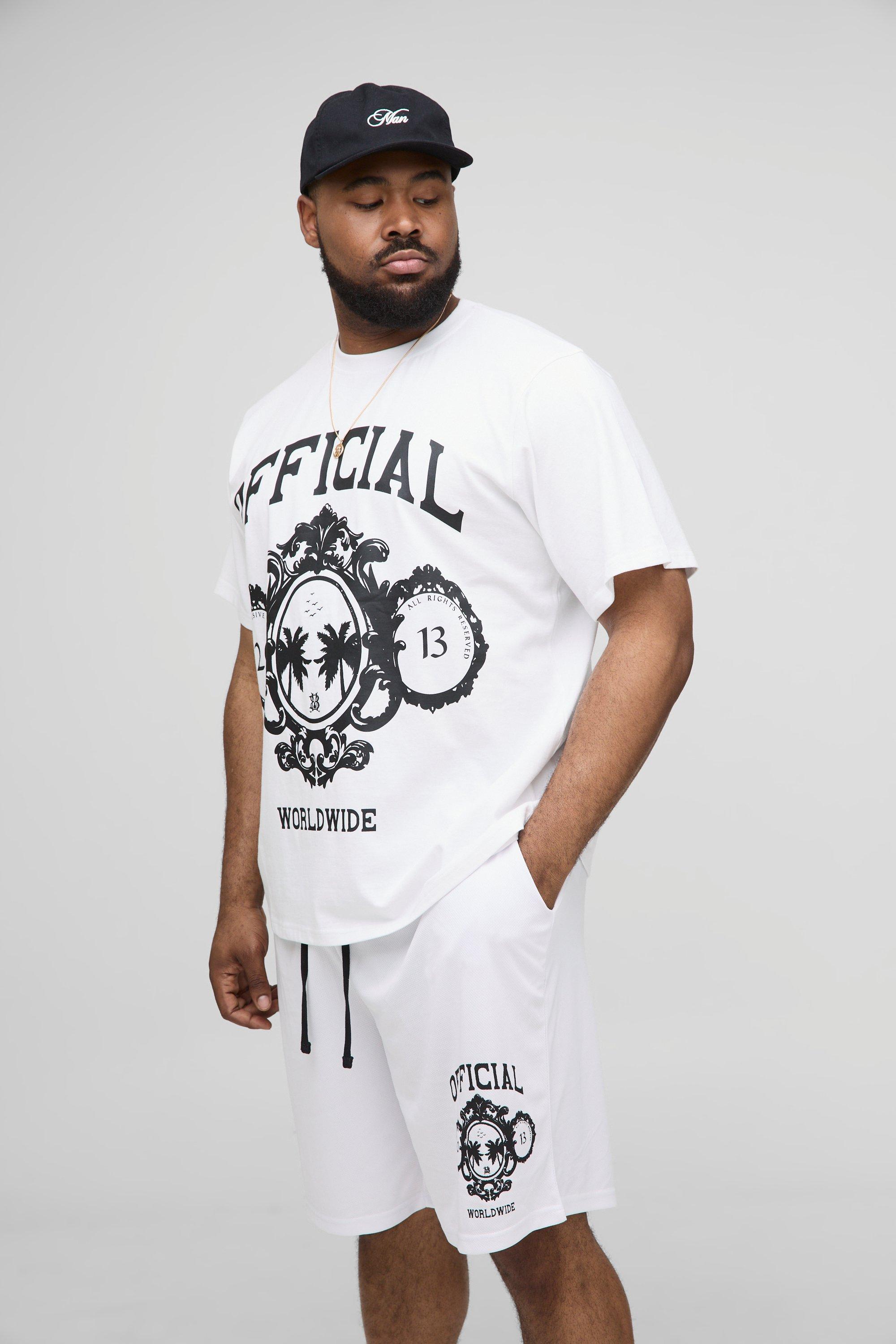 Image of Plus Official Varsity Regular Fit Print T-Shirt & Basketball Short Set, Bianco