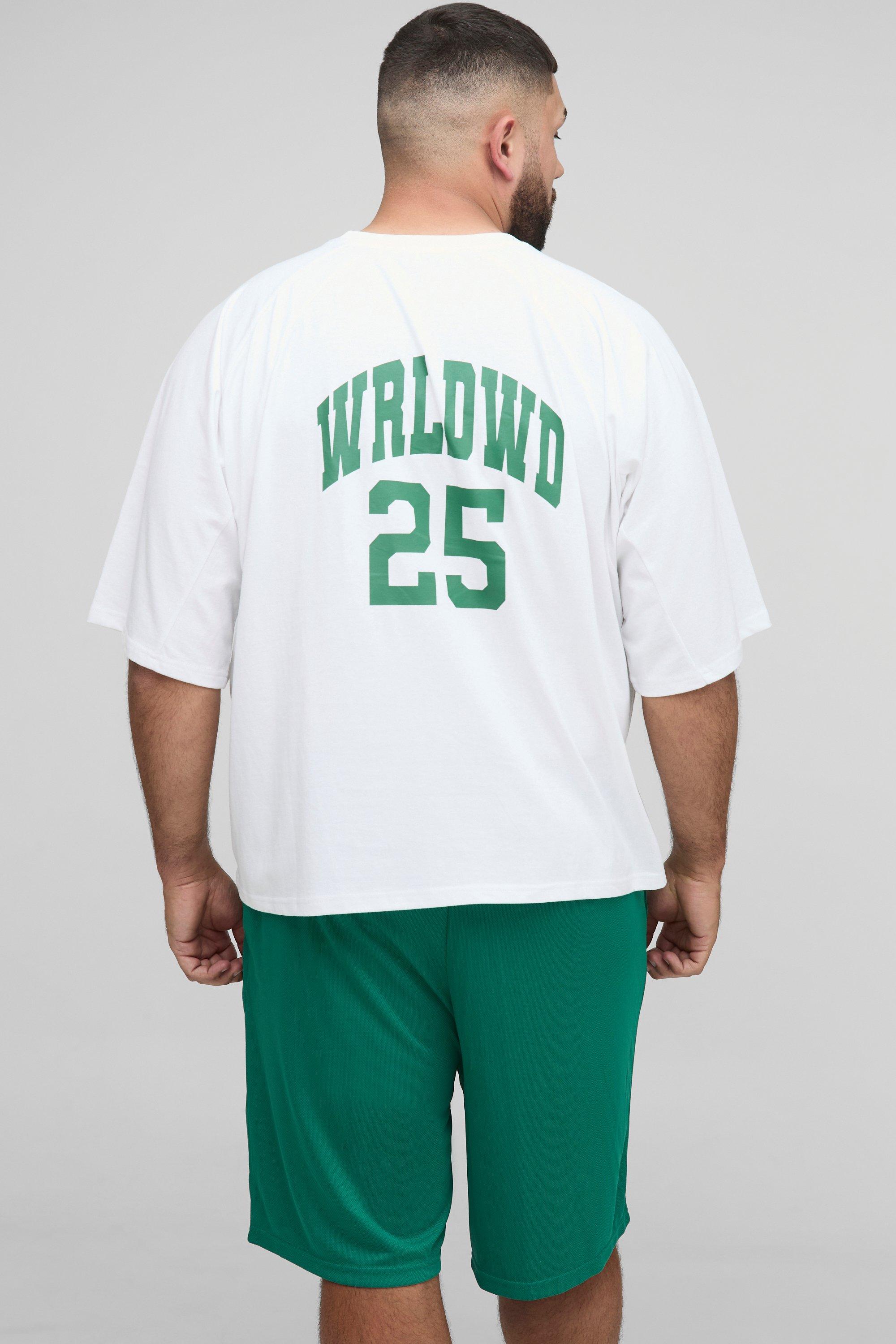 Image of Plus Oversized Boxy Worldwide Panel Print T-Shirt & Basketball Short Set, Bianco