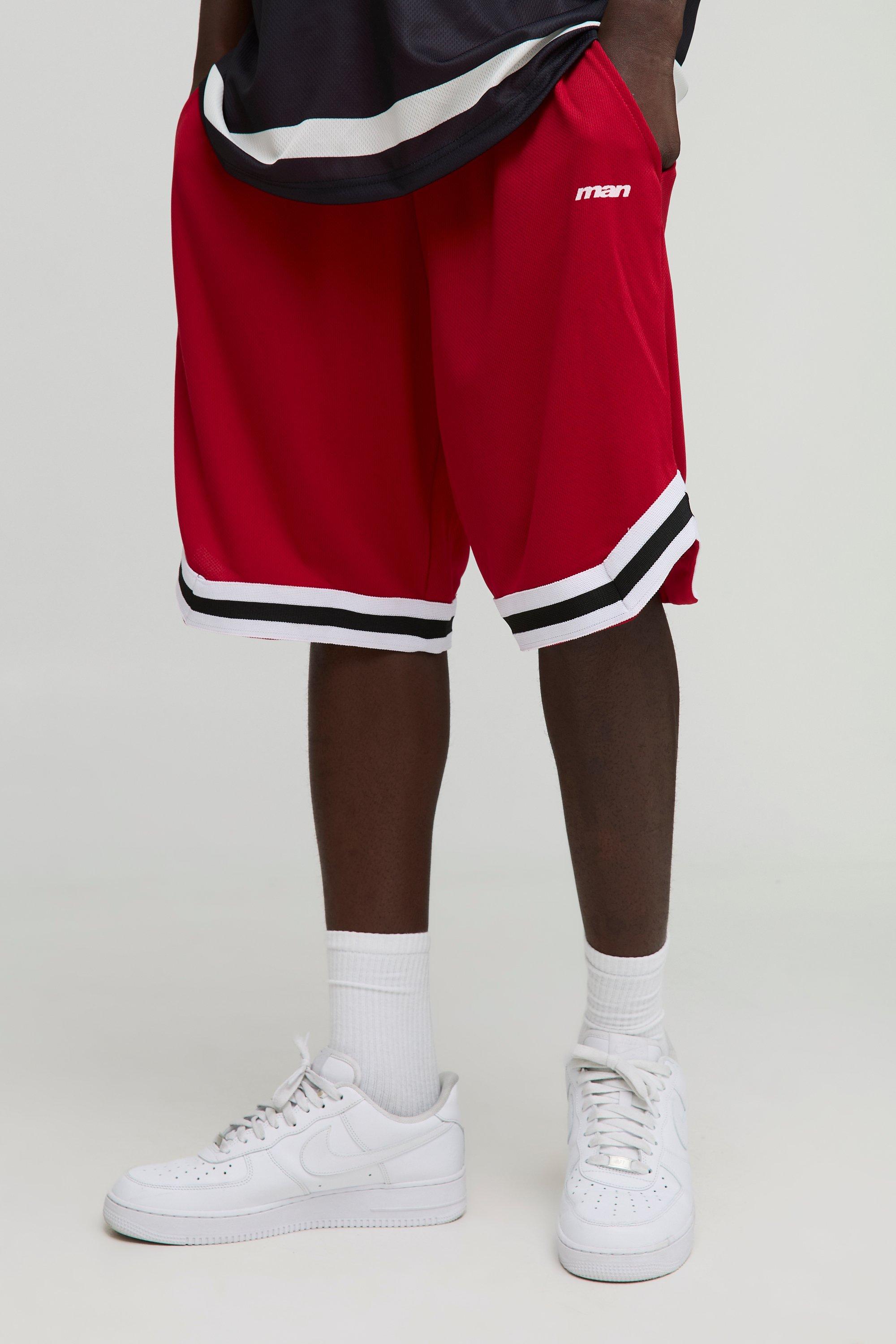 Mens Red Man Mid Length Mesh Basketball Shorts, Red