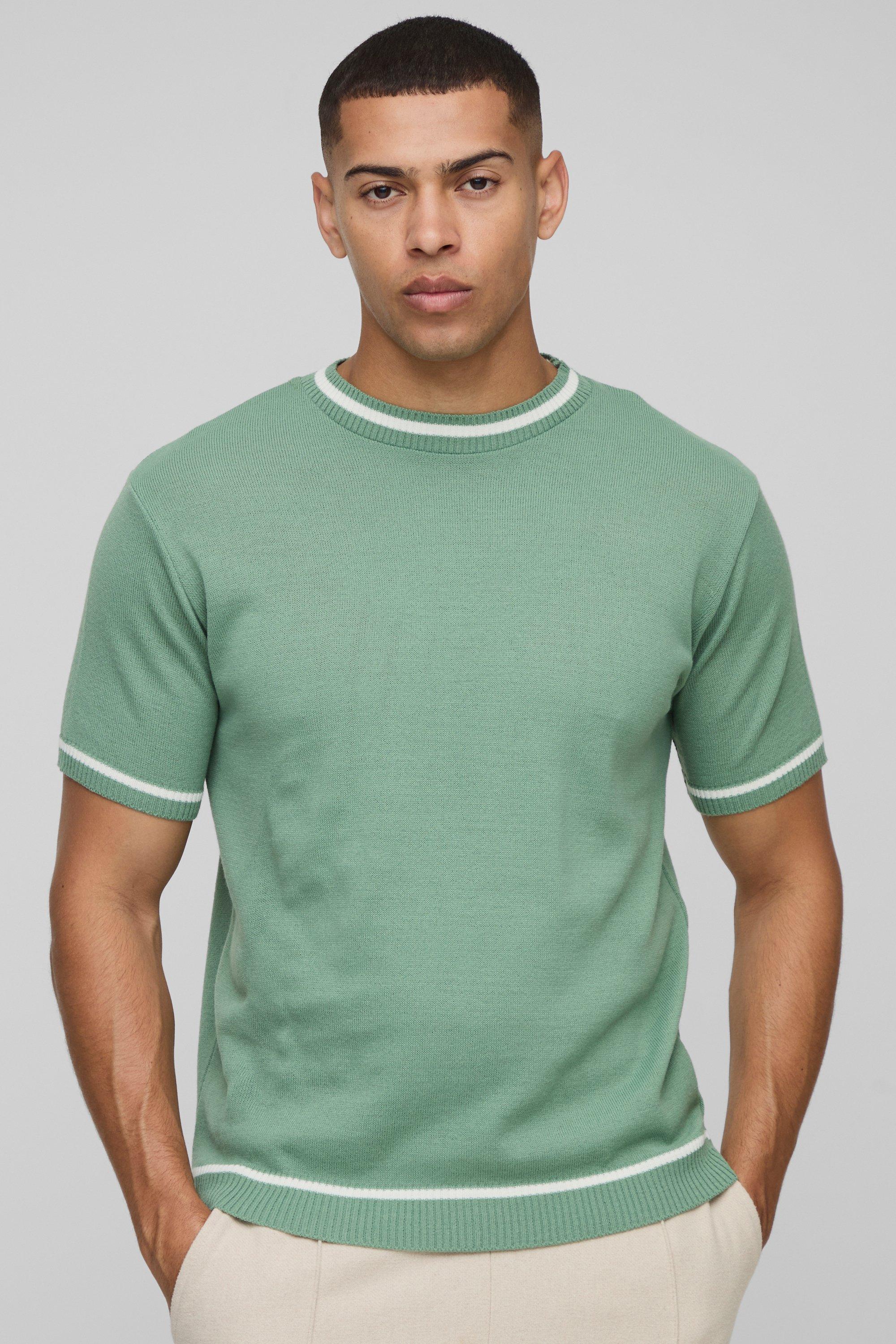 Mens Green Regular Fit Knitted T-Shirt With Tipping, Green
