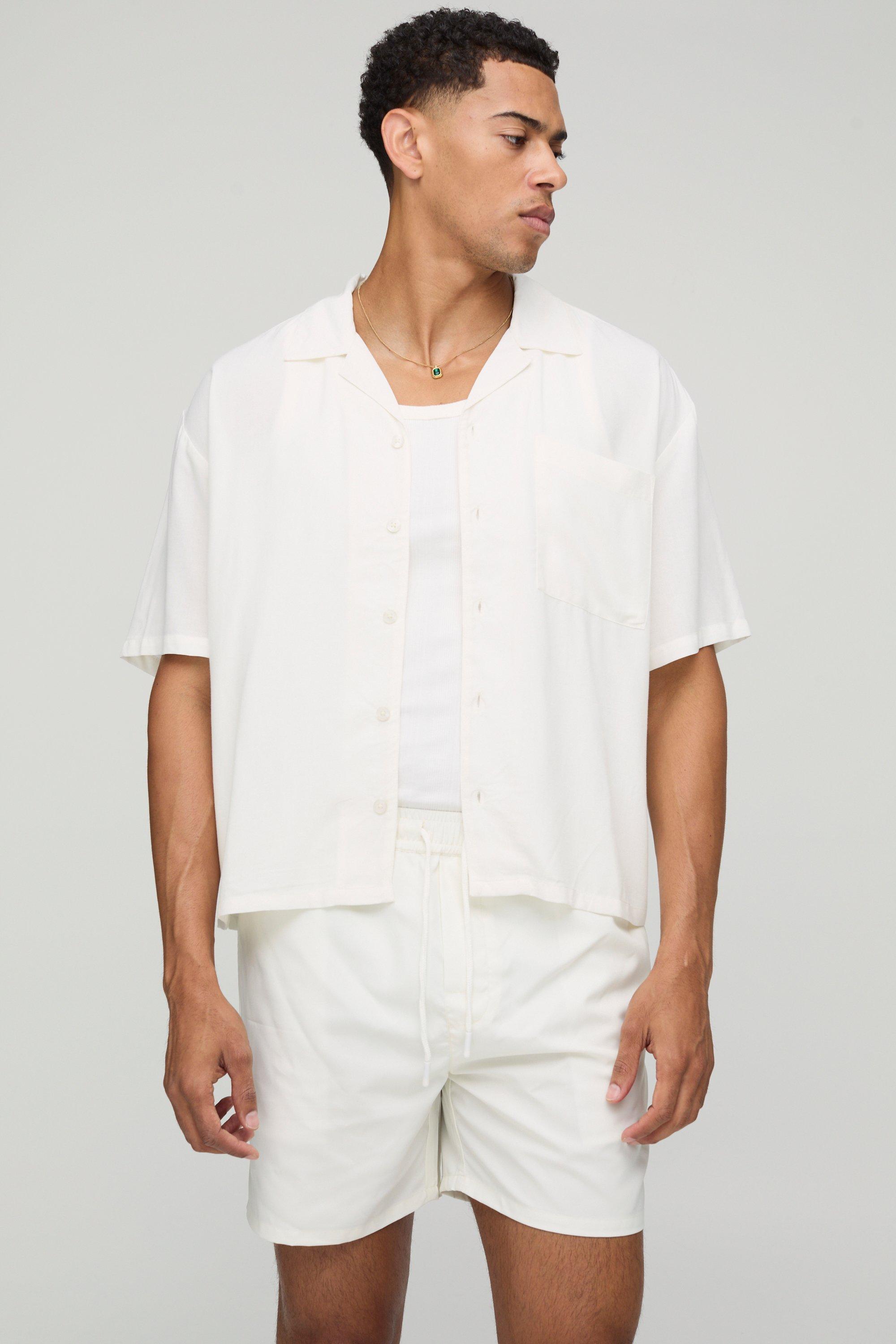 Mens Cream Oversized Boxy Viscose Shirt & Swim Set, Cream