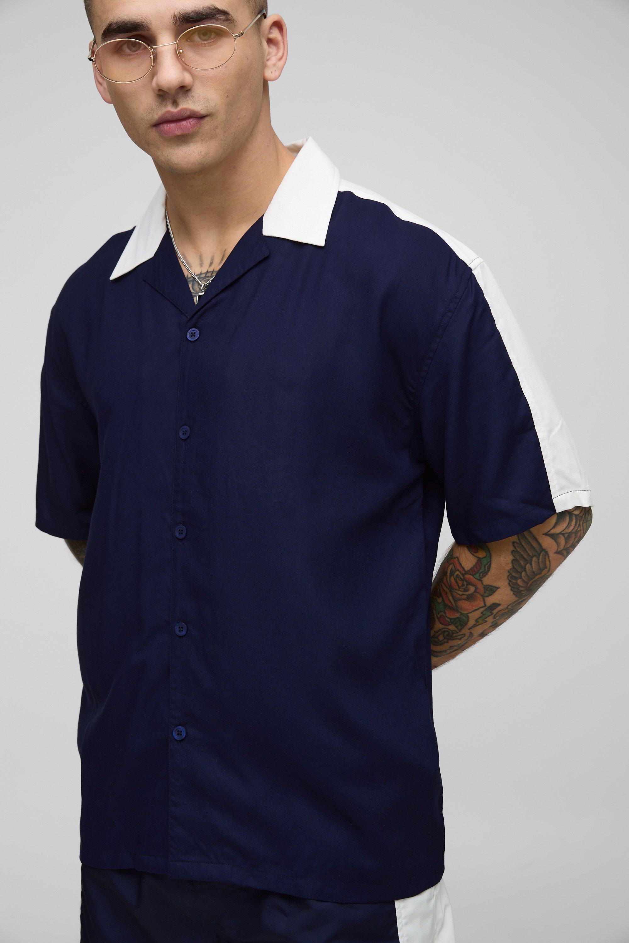 Mens Navy Oversized Half Sleeve Viscose Cut Sew Shirt & Swim Set, Navy
