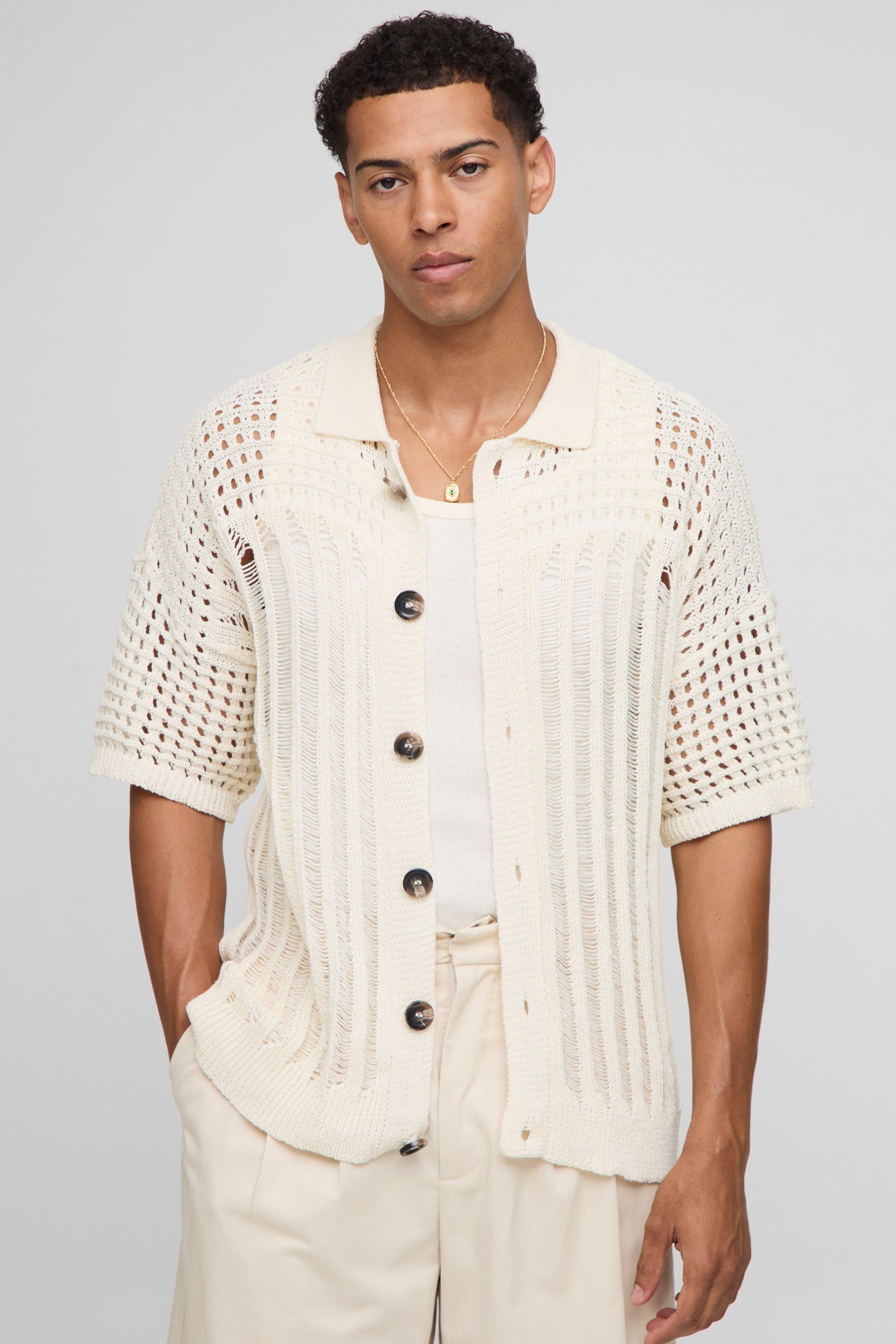 Image of Camicia in maglia a righe traforate Regular Fit, Cream