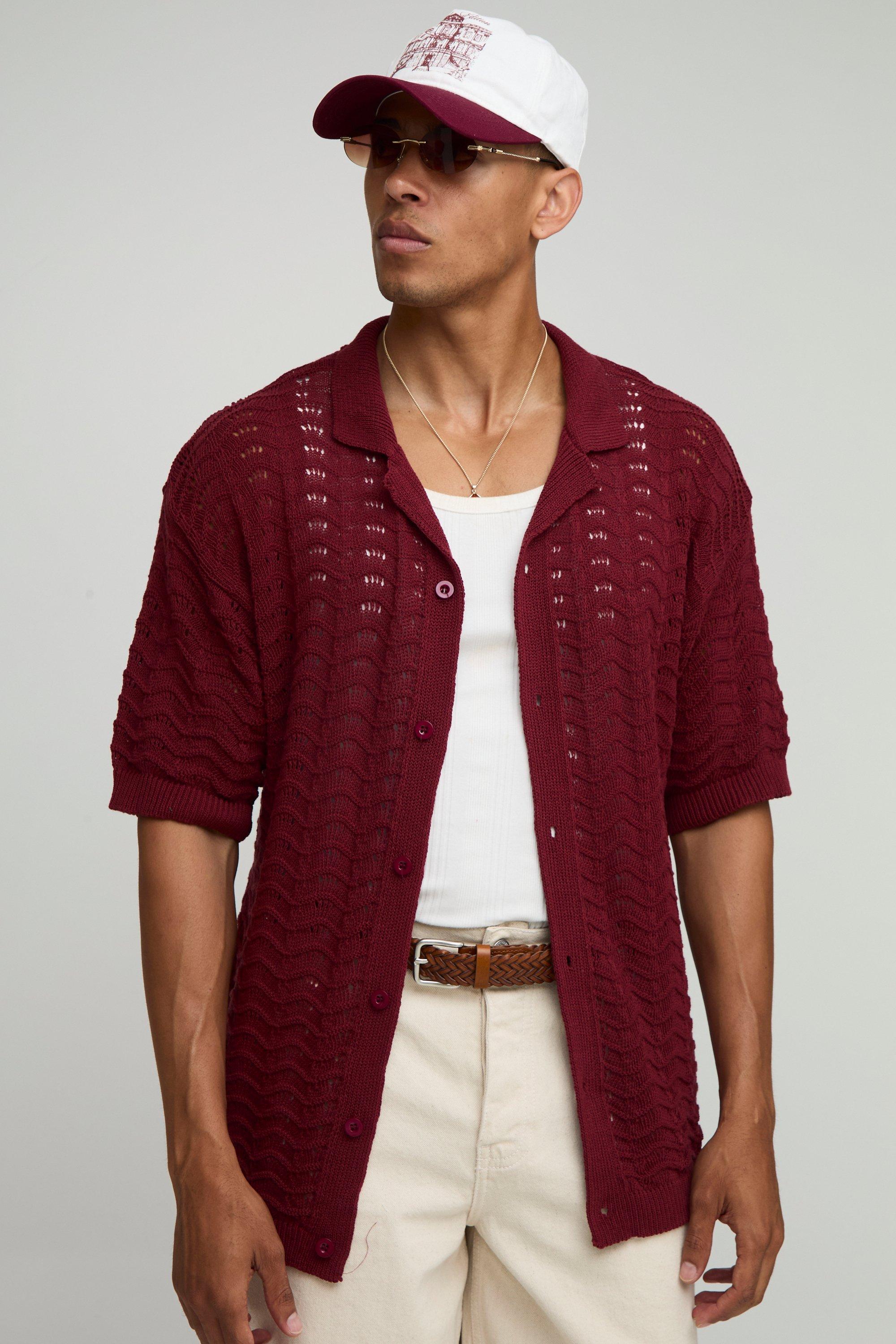 Image of Camicia Regular Fit in maglia smerlata, Rosso