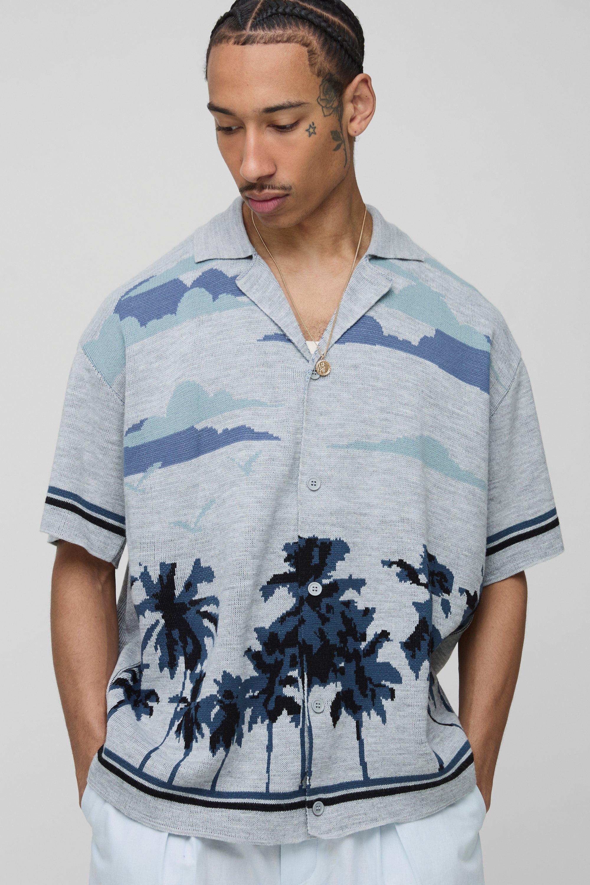 Image of Camicia squadrata in maglia in jacquard con paesaggi, Azzurro