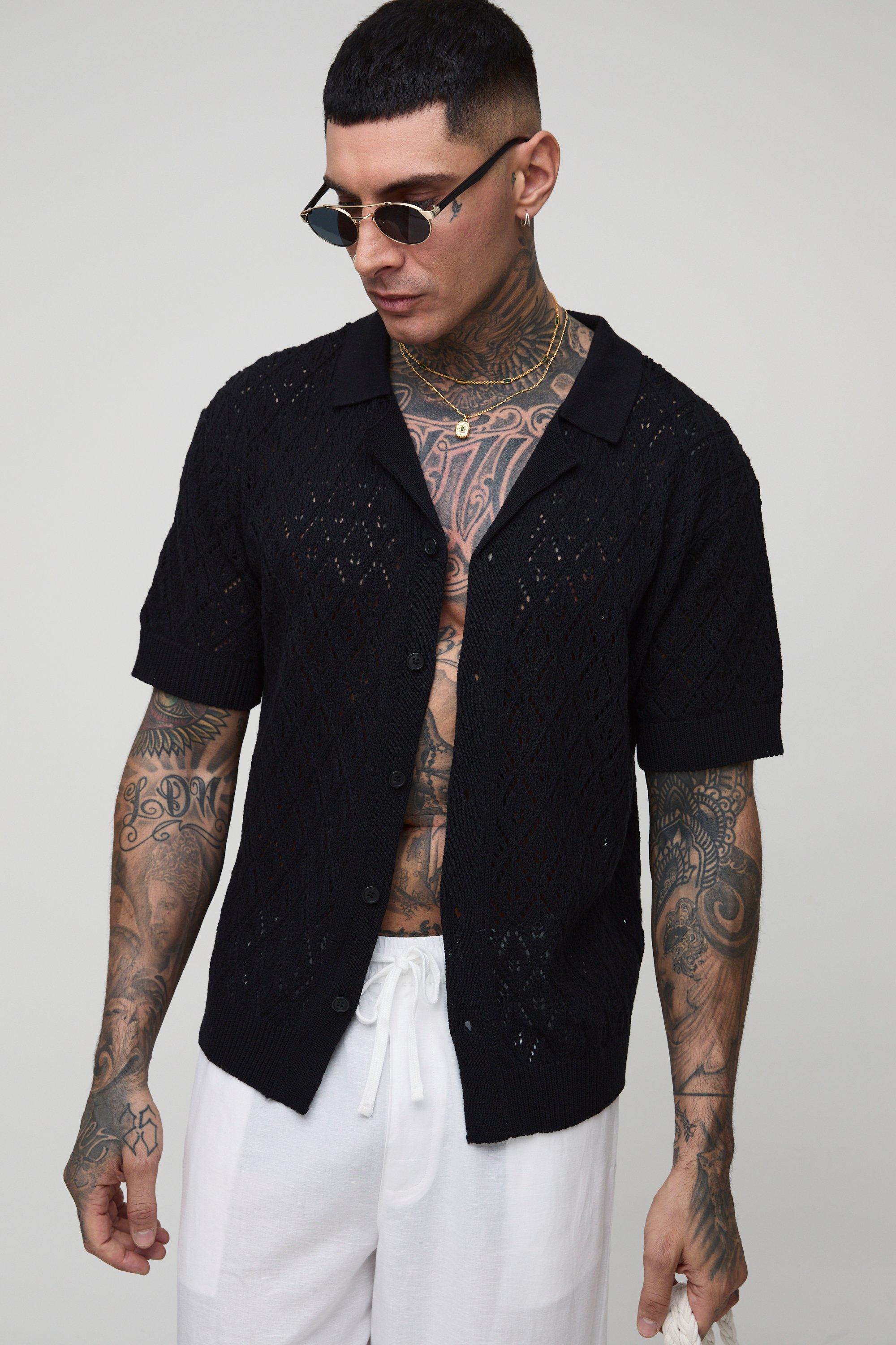 Mens Black Tall Regular Fit Leaf Pointelle Crochet Revere Shirt, Black