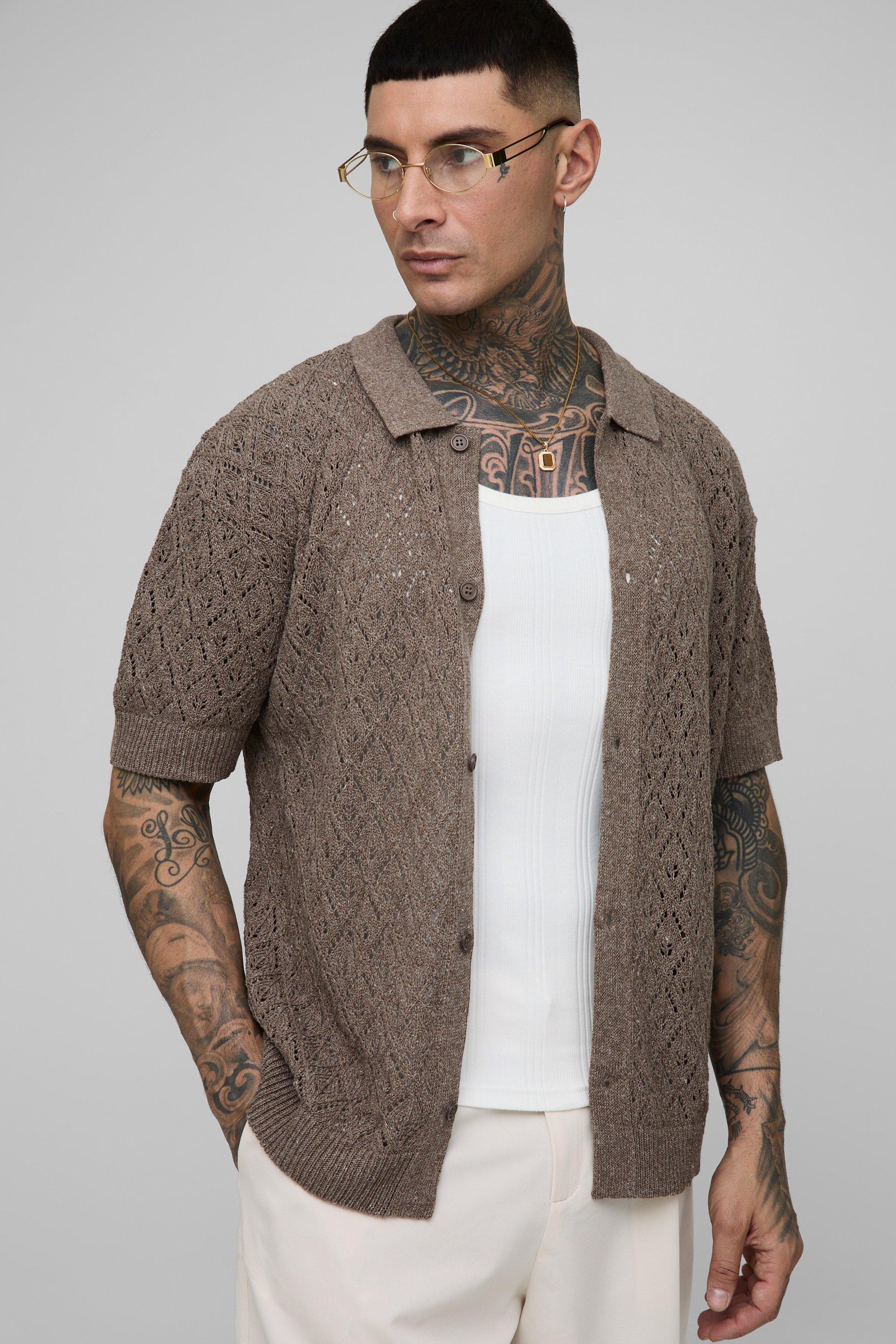 Mens Brown Tall Oversized Boxy Leaf Pointelle Crochet Polo, Brown
