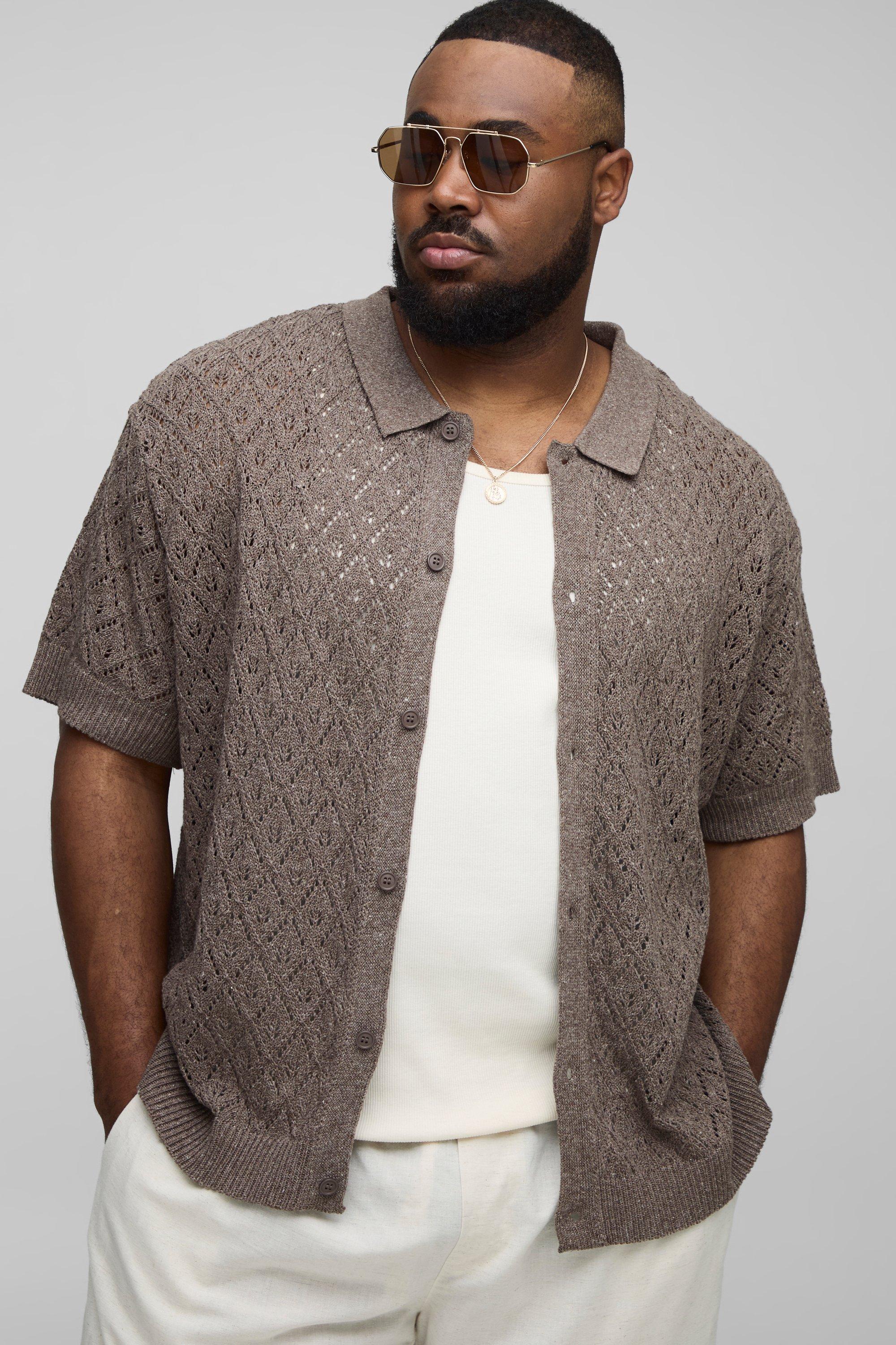Mens Brown Plus Oversized Boxy Leaf Pointelle Crochet Polo, Brown