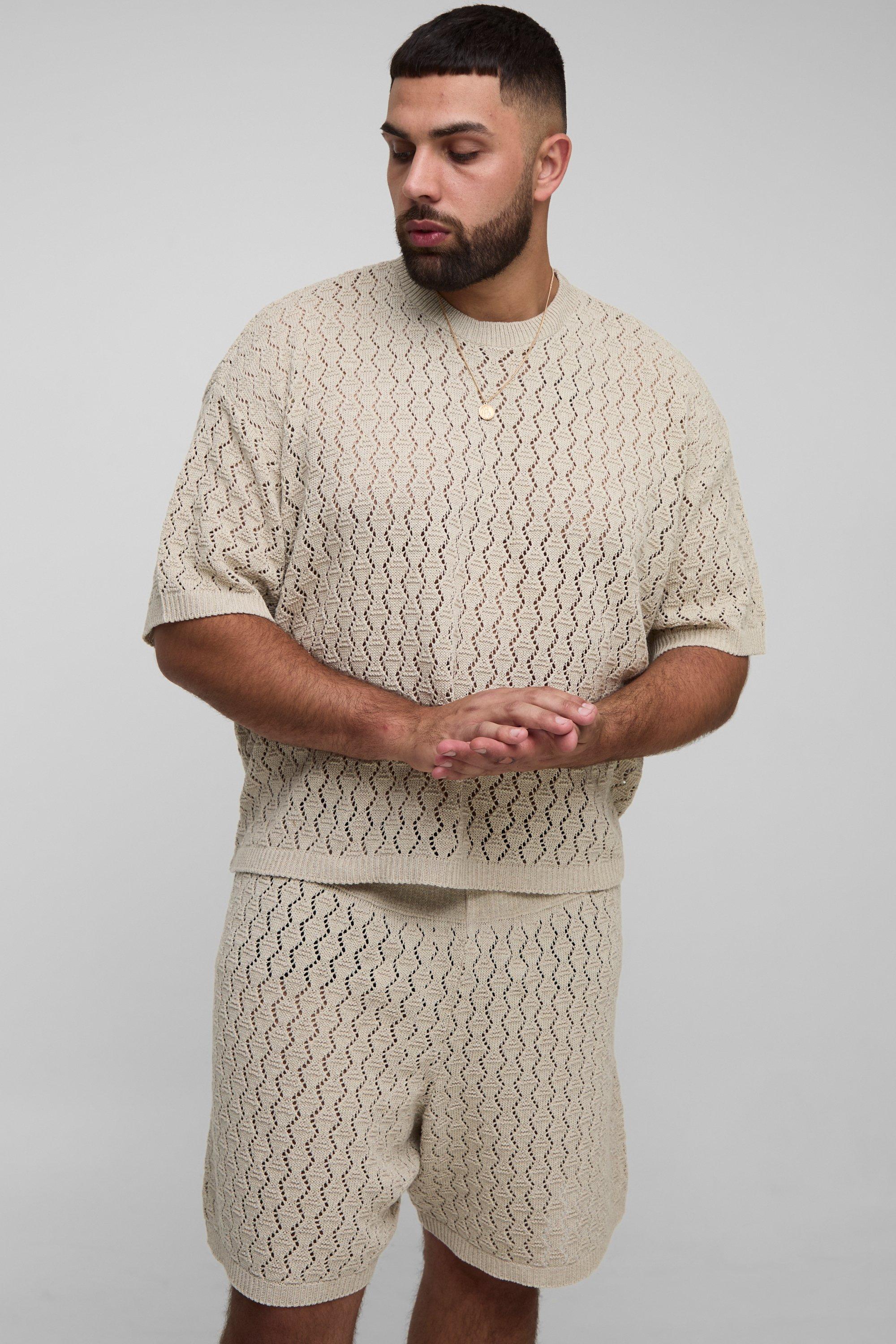 Mens Beige Plus Oversized Boxy Zig Zag Crochet T-Shirt & Short Set, Beige
