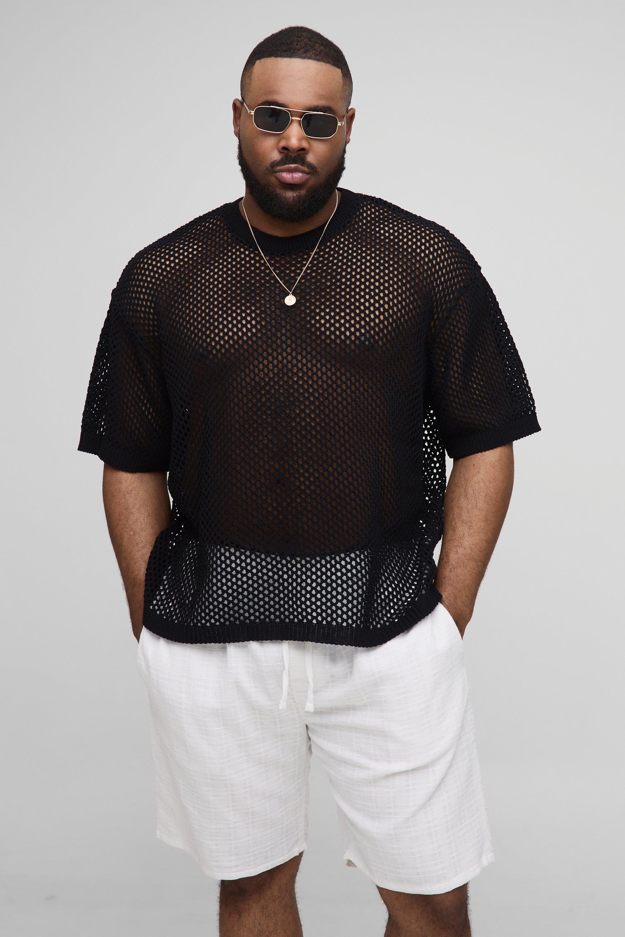 Mens Black Plus Fishnet Crochet Oversized T-Shirt, Black