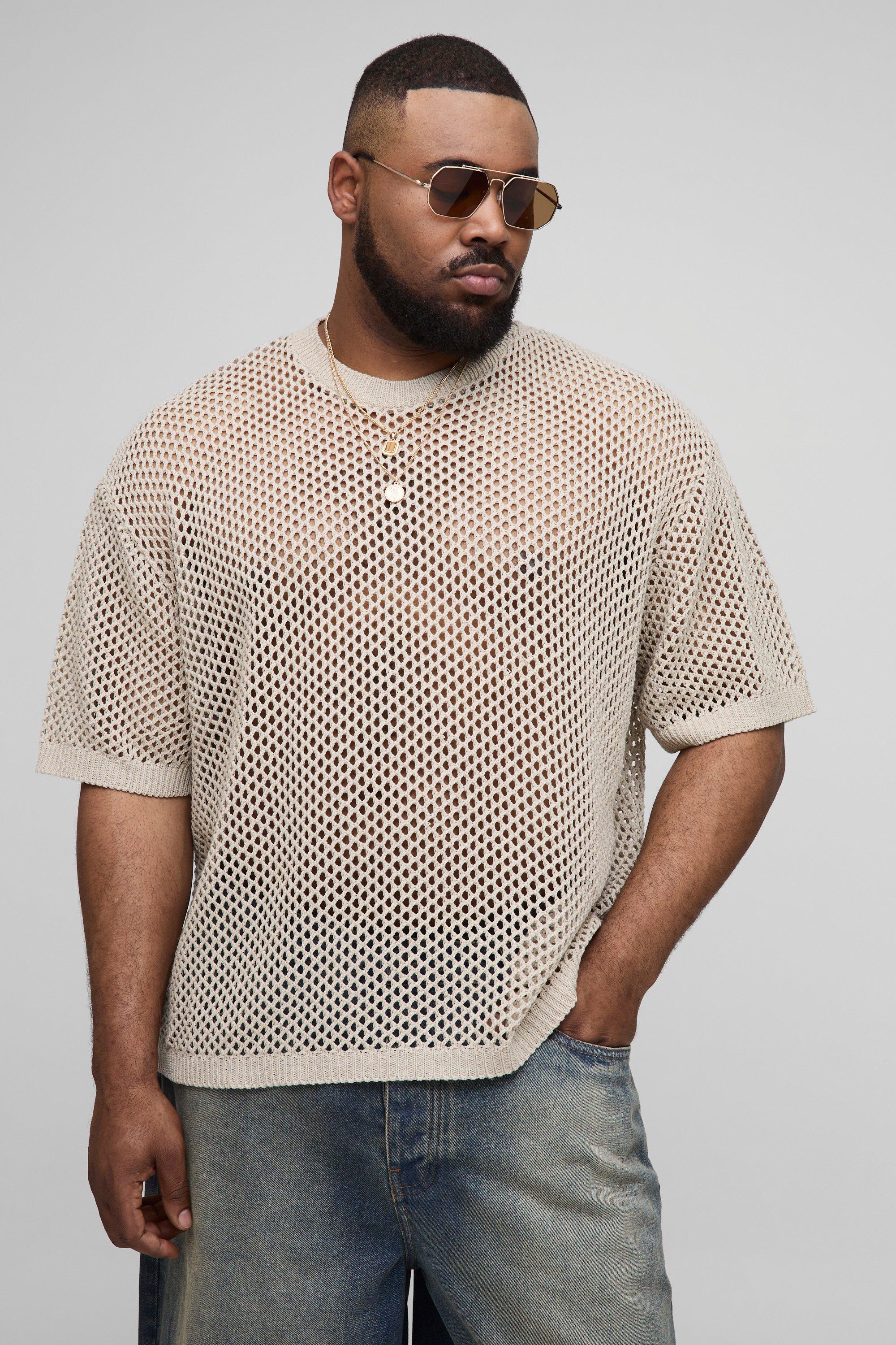 Mens Beige Plus Fishnet Crochet Oversized T-Shirt, Beige