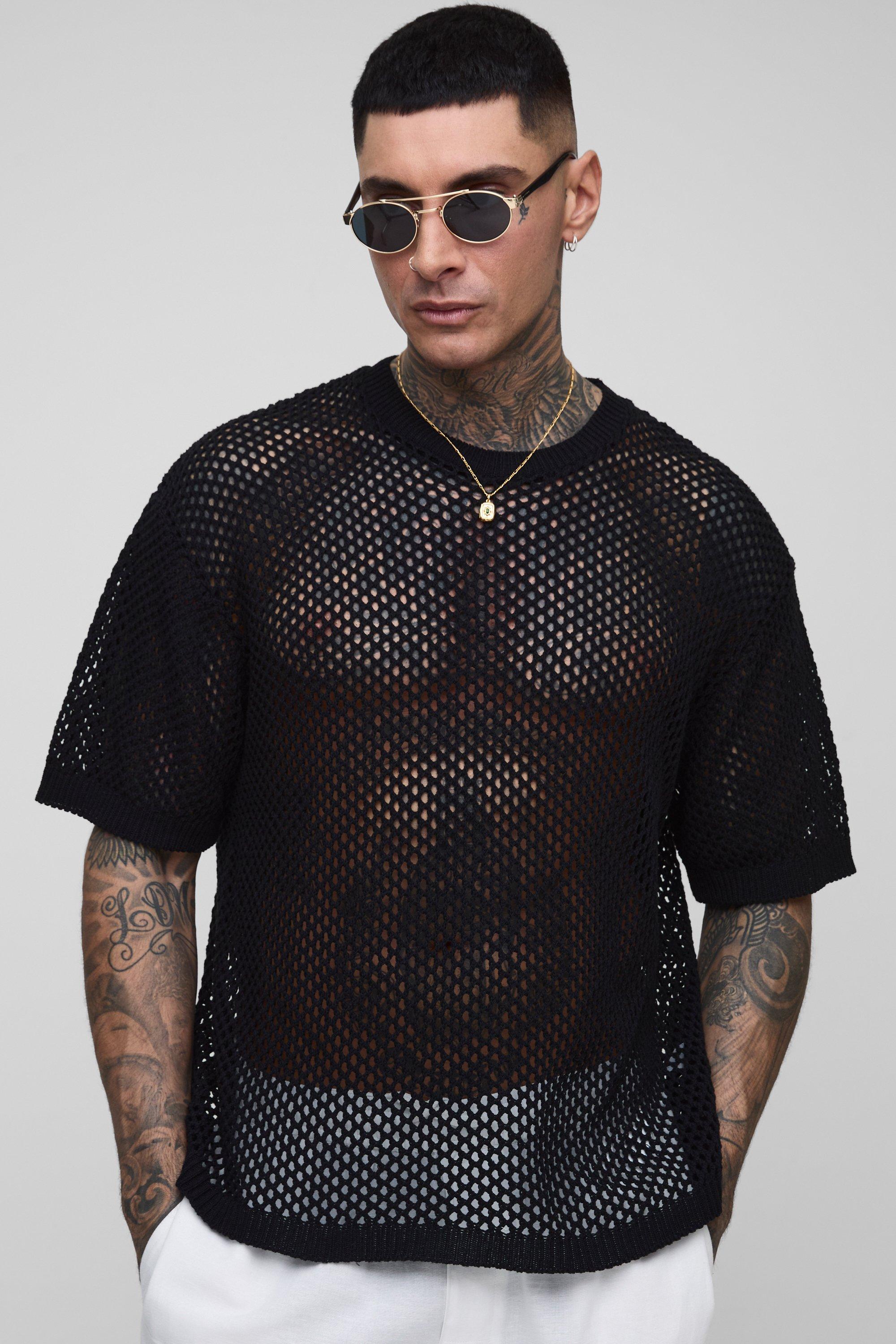Mens Black Tall Fishnet Crochet Oversized T-Shirt, Black