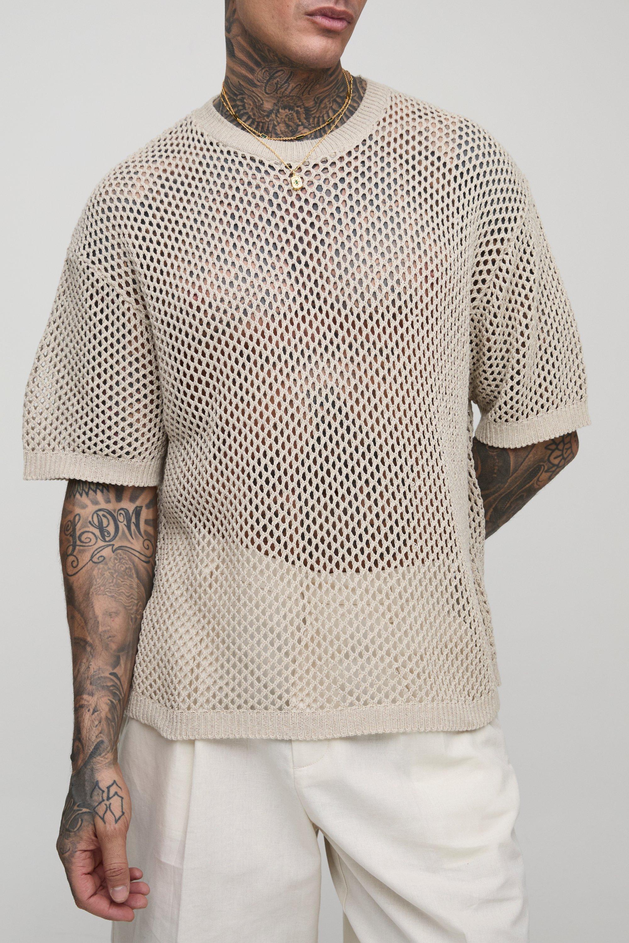 Mens Beige Tall Fishnet Crochet Oversized T-Shirt, Beige