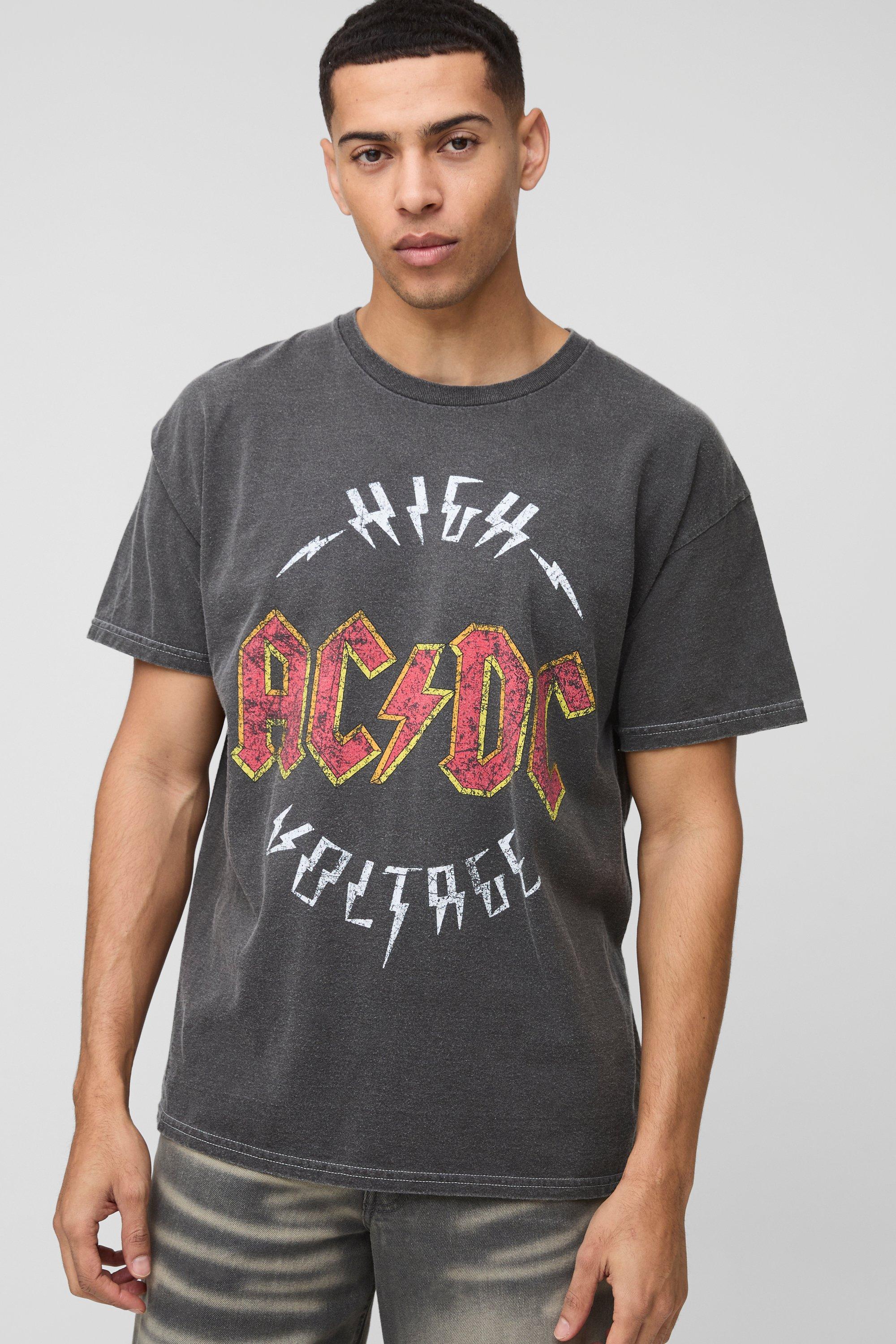 Mens Grey Oversized Washed AC/DC High Voltage License Printed T-Shirt, Grey
