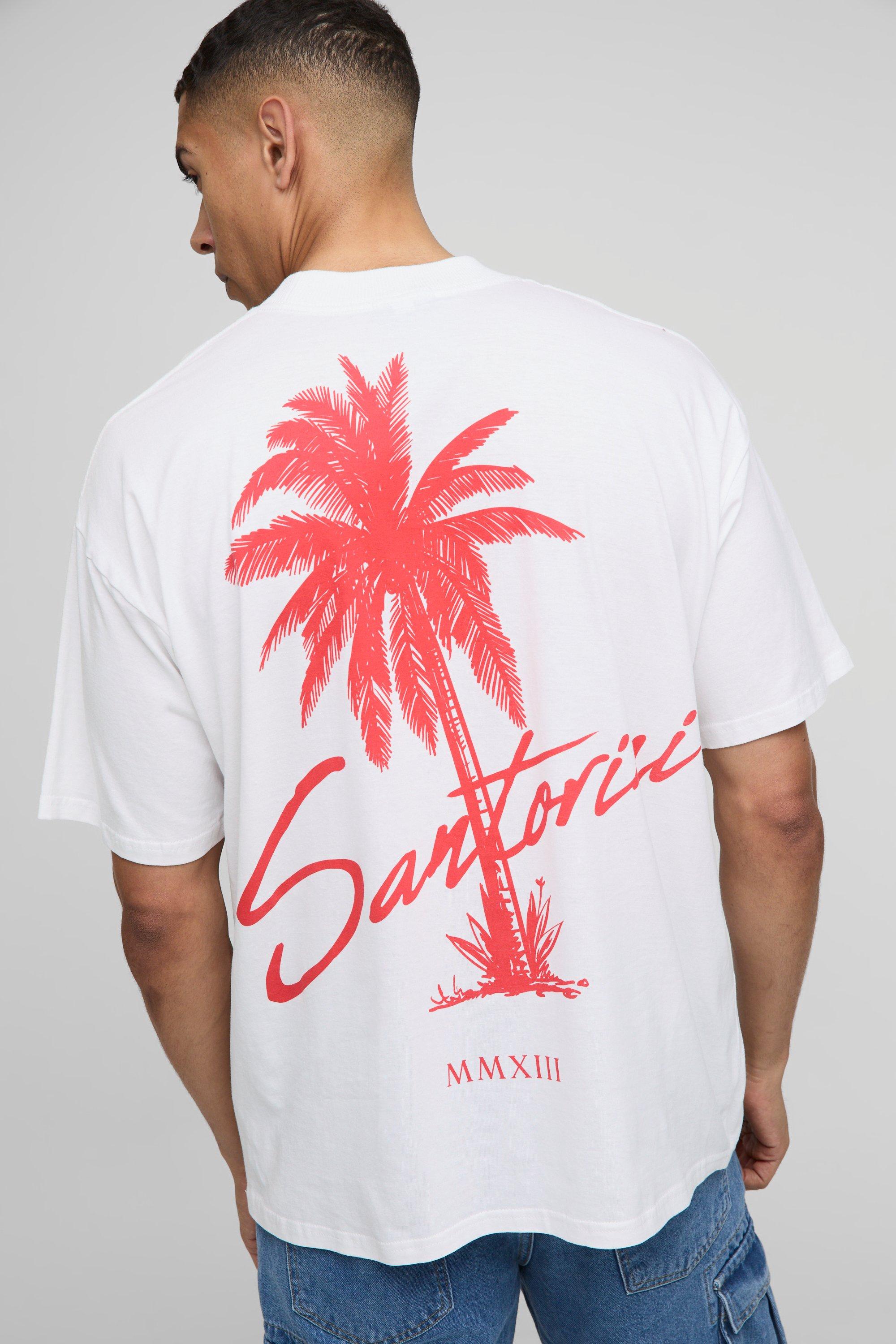 Mens White Oversized Extended Neck Santorini Palm Tree Printed T-Shirt, White