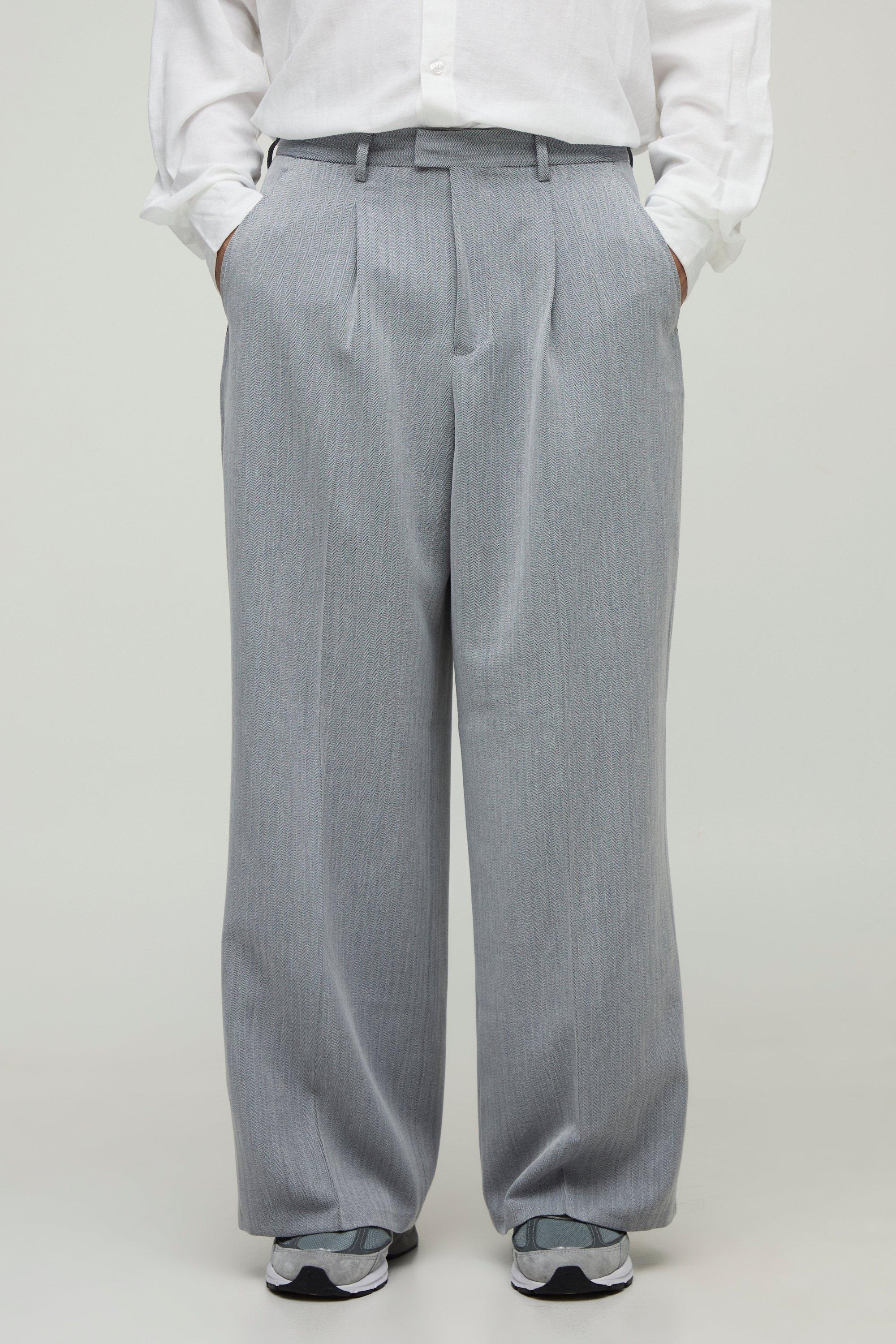Mens Grey Herringbone Wide Leg Tailored Trouser, Grey