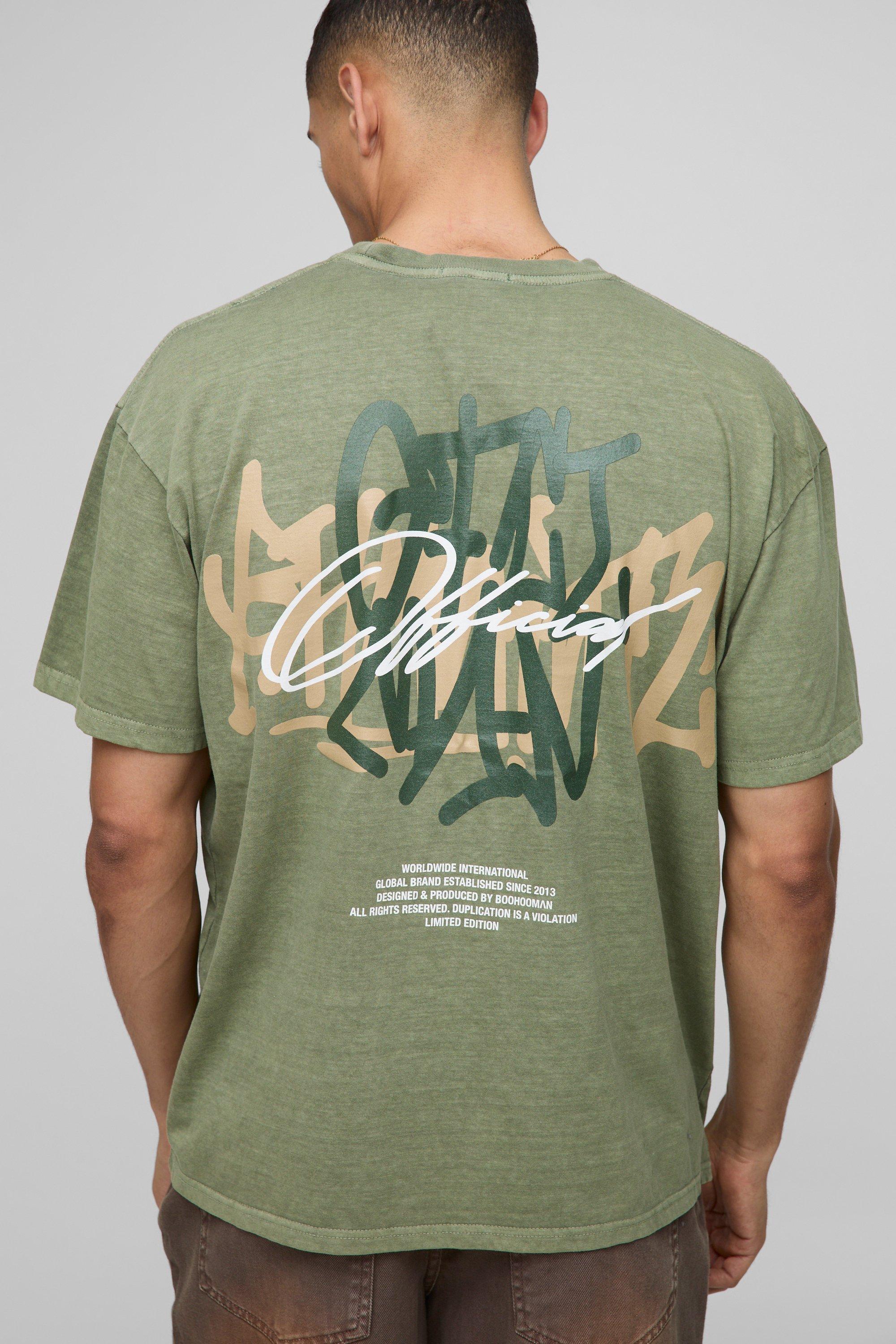 Mens Green Oversized Washed Branded Graffiti Graphic T-Shirt, Green