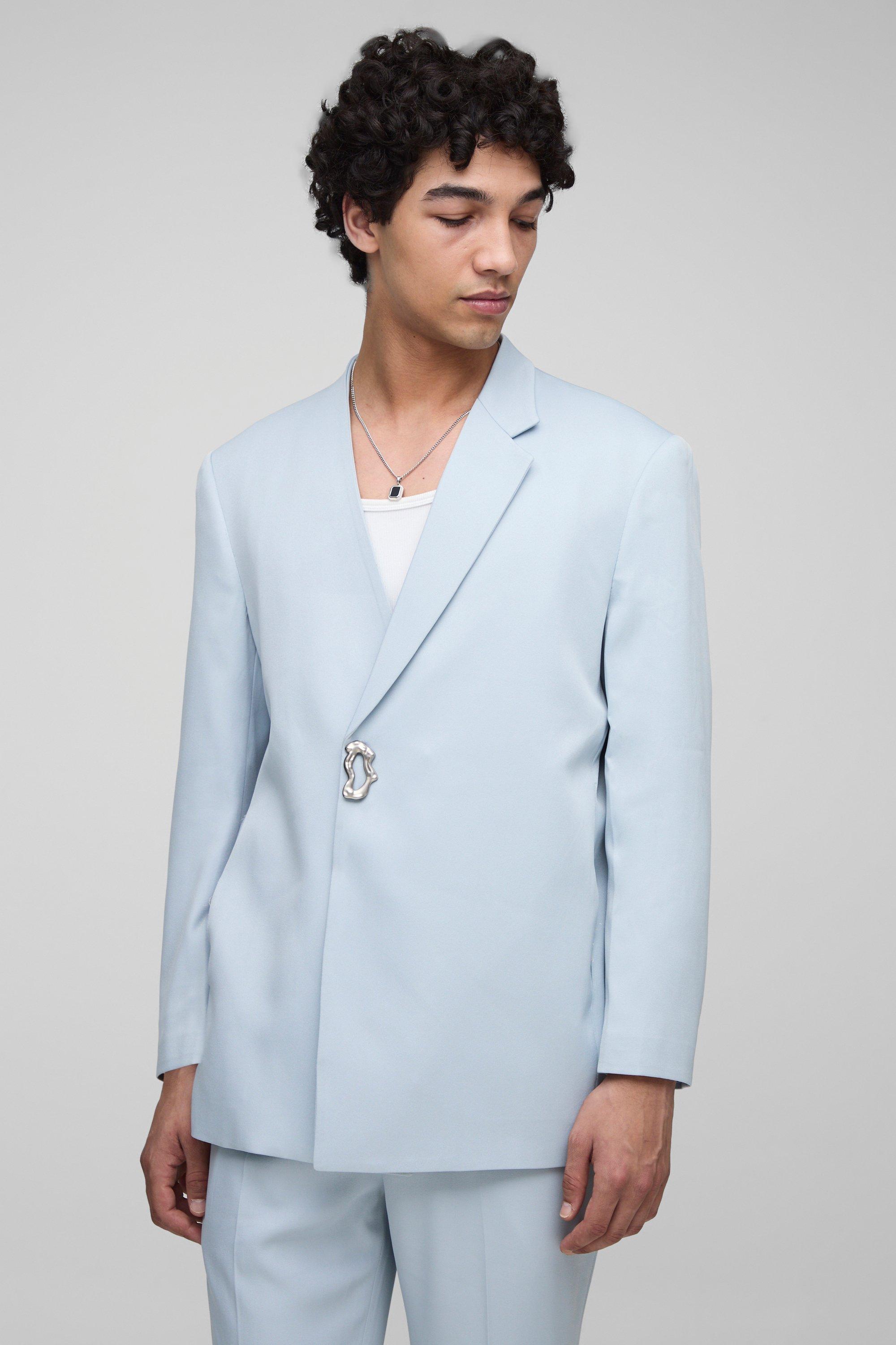 Mens Blue Straight Fit Asymmetrical Detail Suit Blazer, Blue