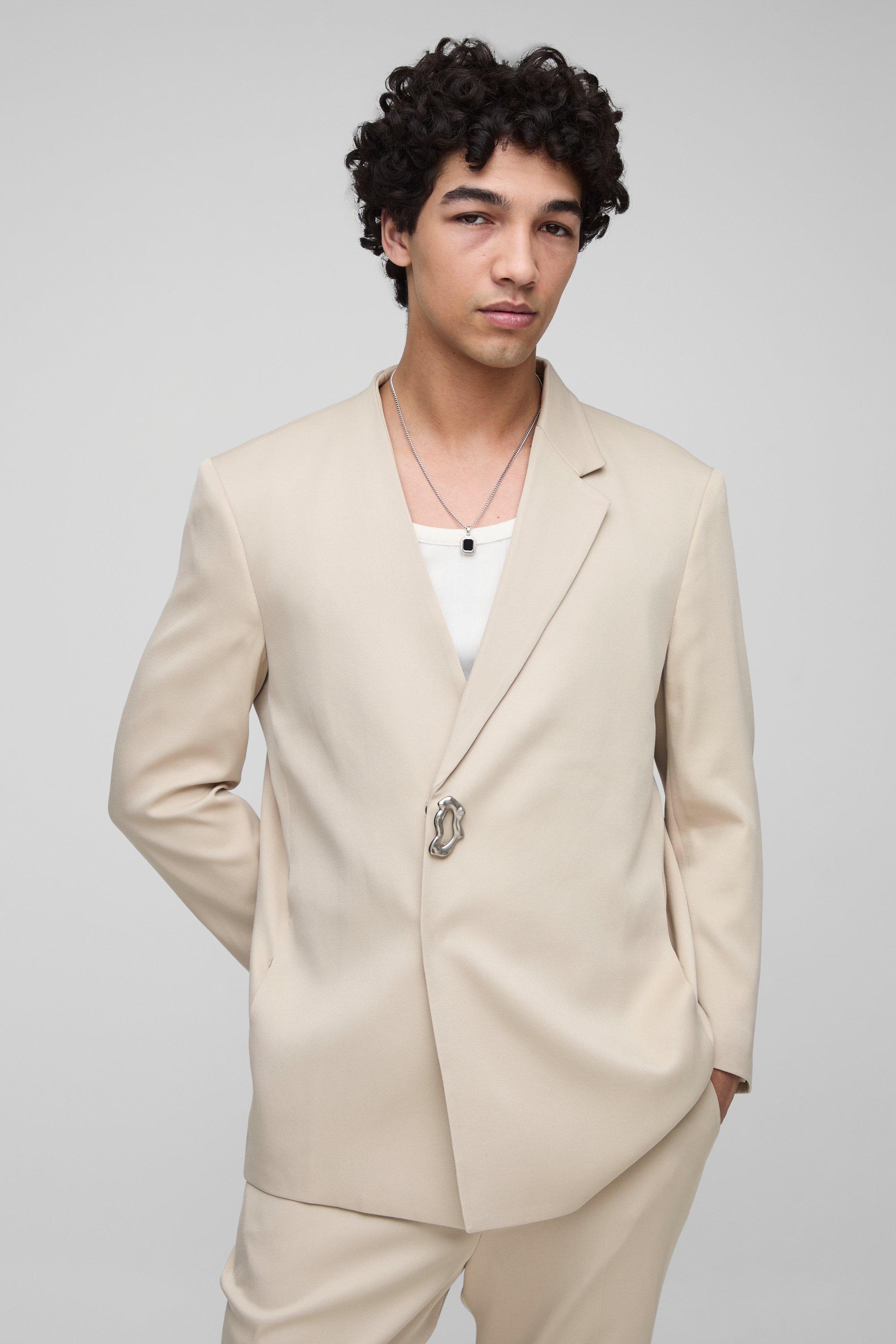 Mens Beige Straight Fit Asymmetrical Detail Suit Blazer, Beige