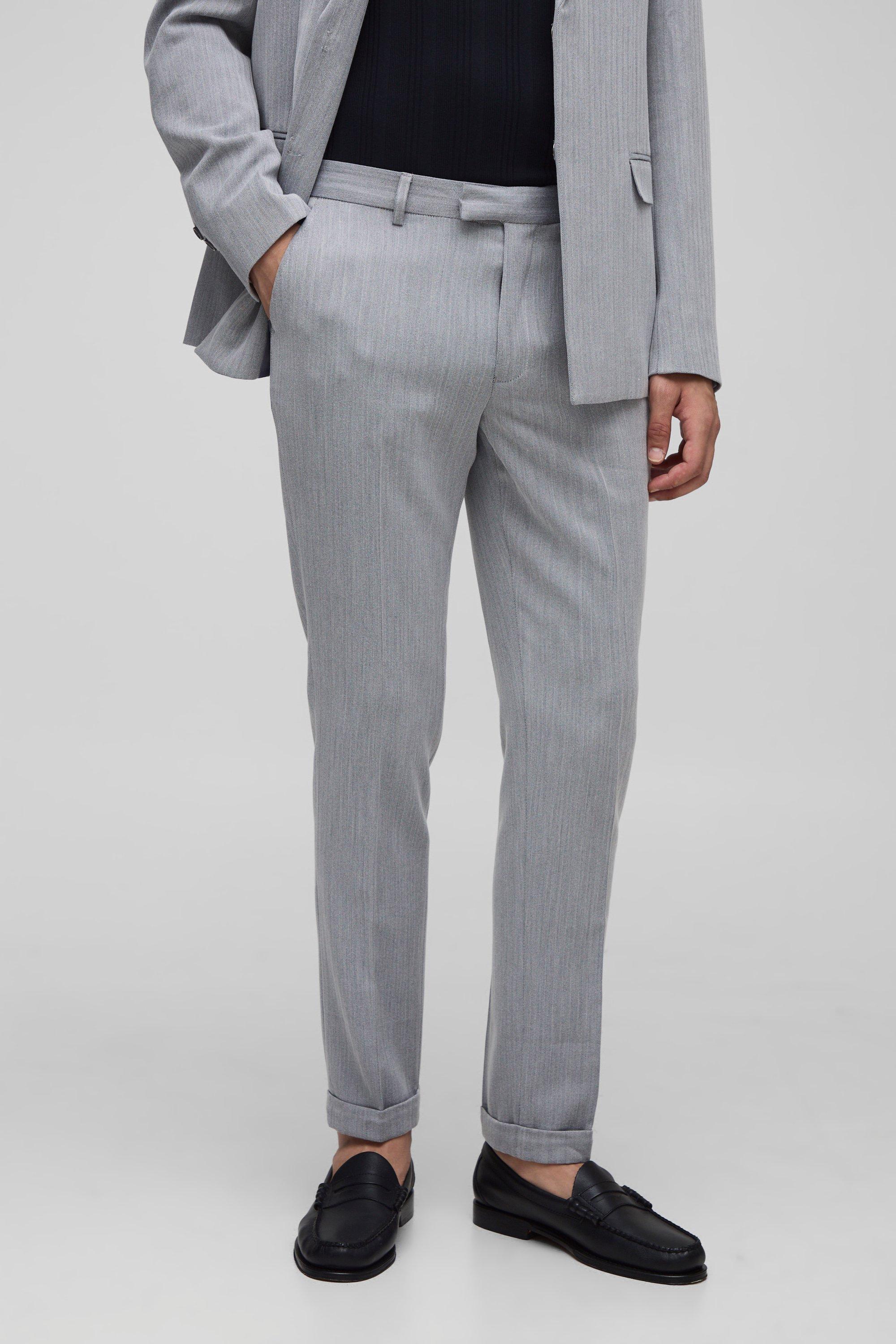 Mens Black Skinny Fit Herringbone Suit Trouser, Black