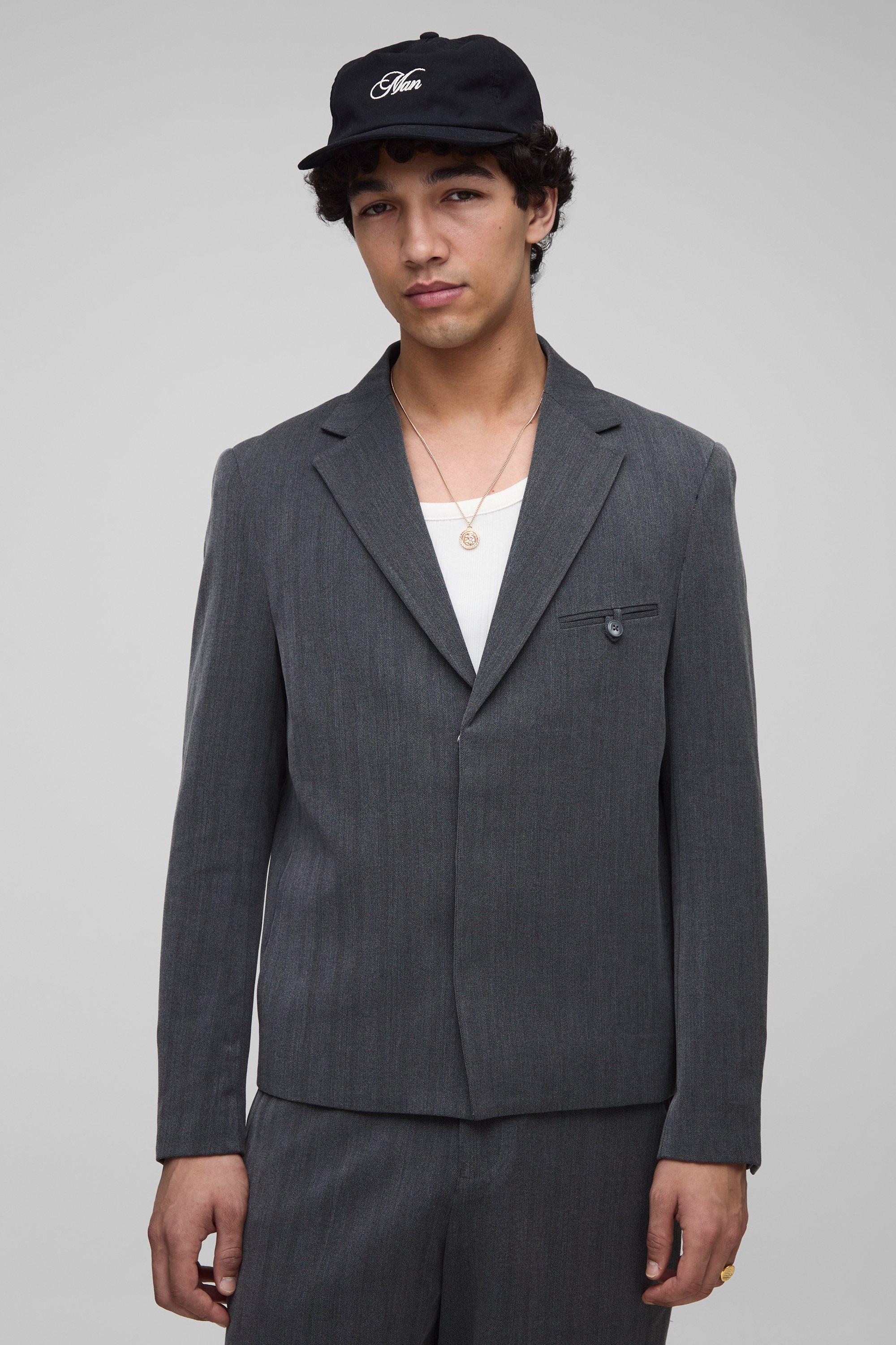 Mens Grey Oversized Boxy Herringbone Suit Blazer, Grey
