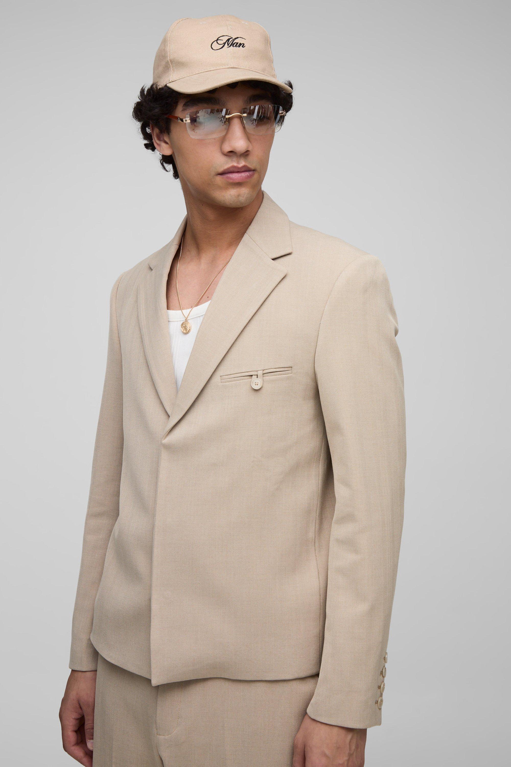 Mens Beige Oversized Boxy Herringbone Suit Blazer, Beige