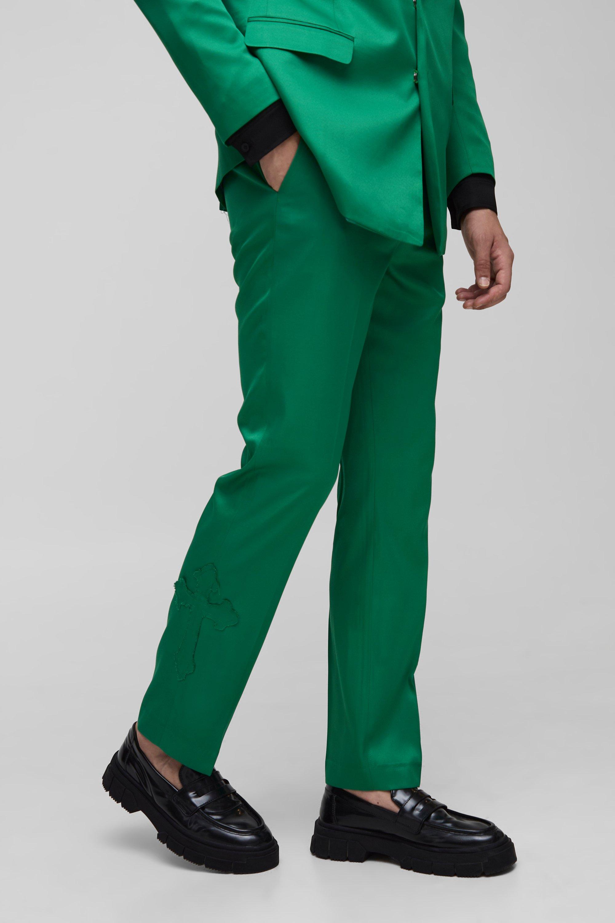 Mens Green Straight Fit Cross Applique Suit Trouser, Green
