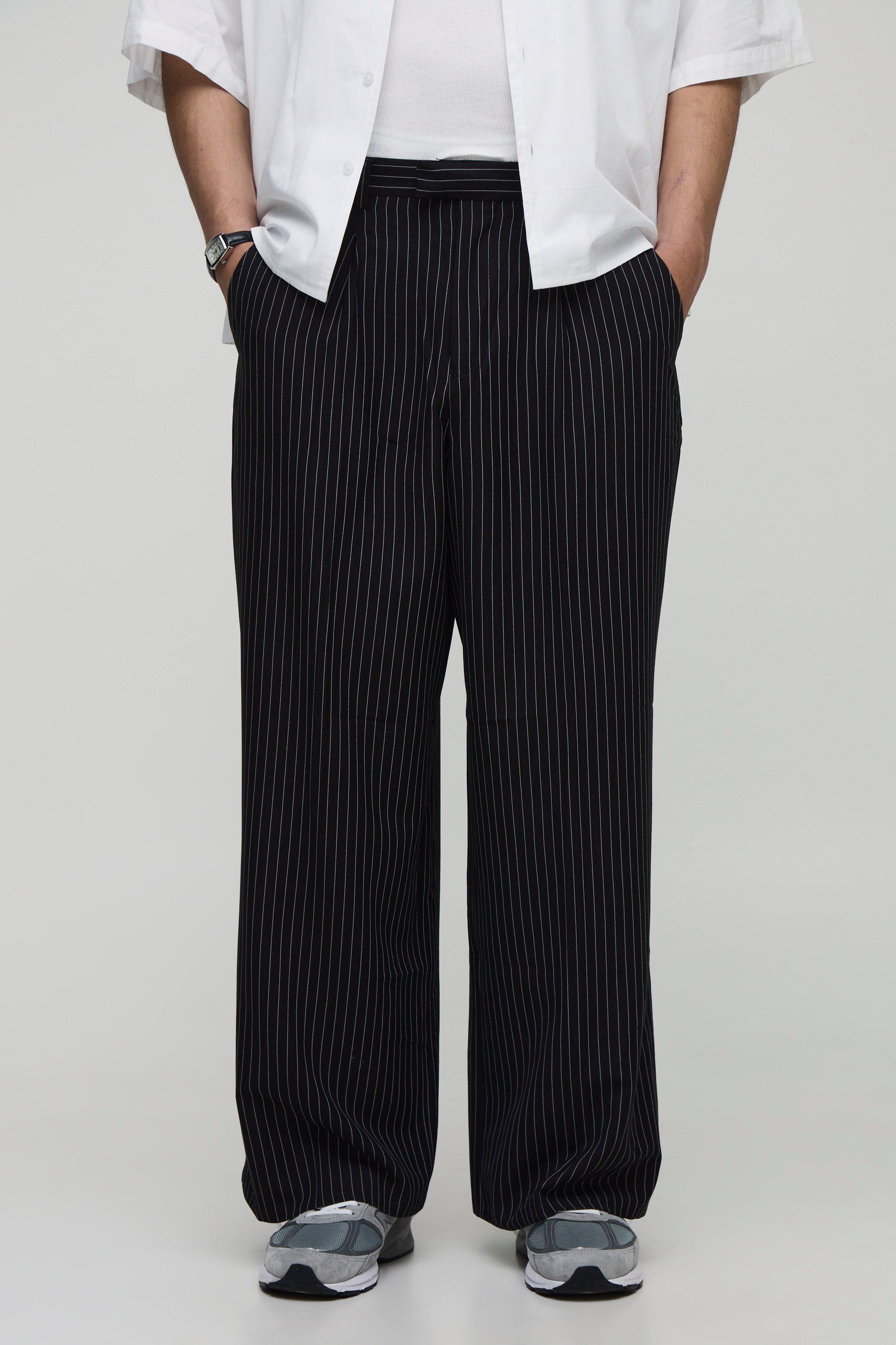 Mens Black Wide Leg Pinstripe Tailored Trouser, Black