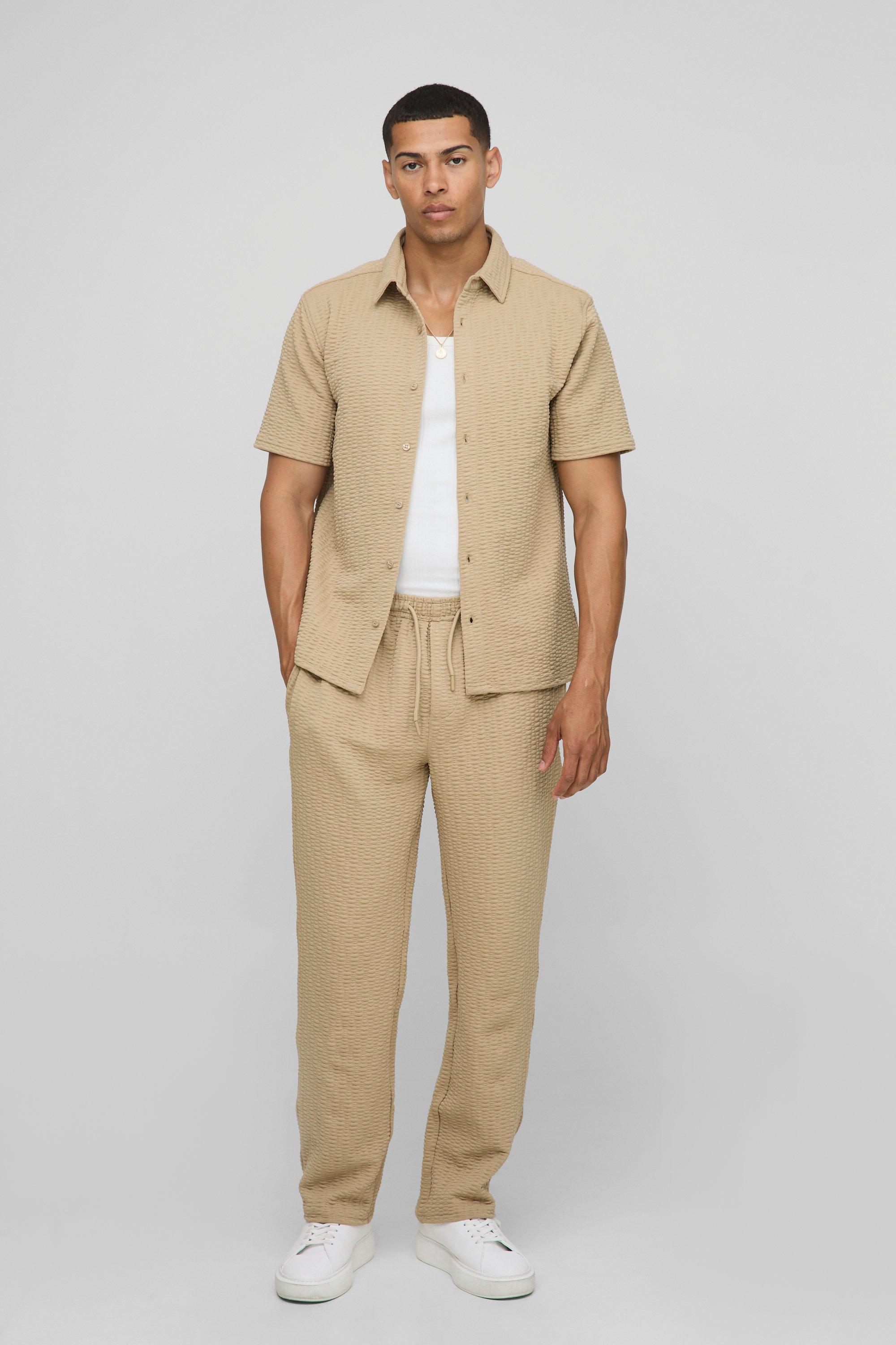 Mens Beige Short Sleeve Textured Stretch Shirt And Trousers Set, Beige