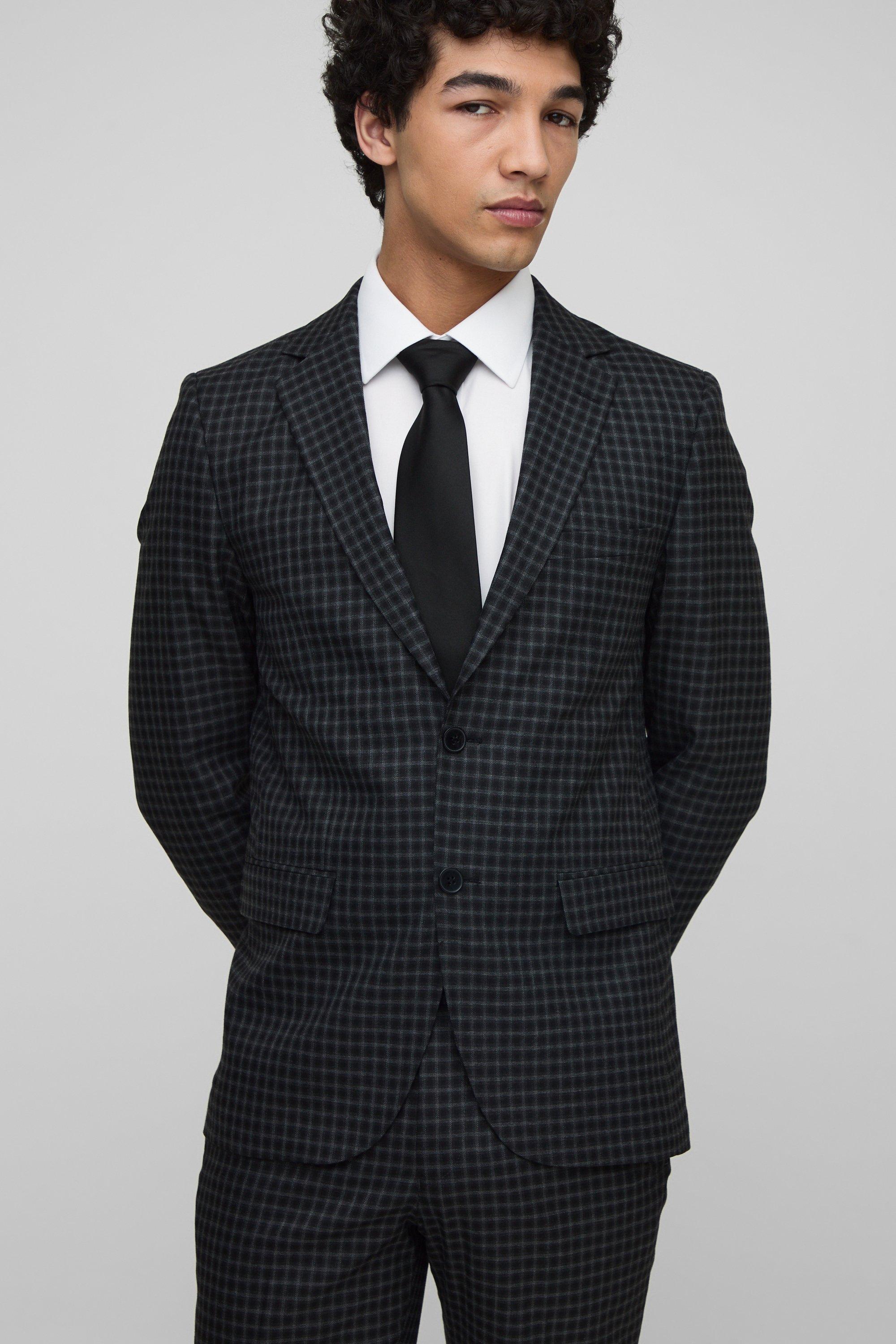 Mens Black Single Breasted Slim Check Suit Jacket, Black