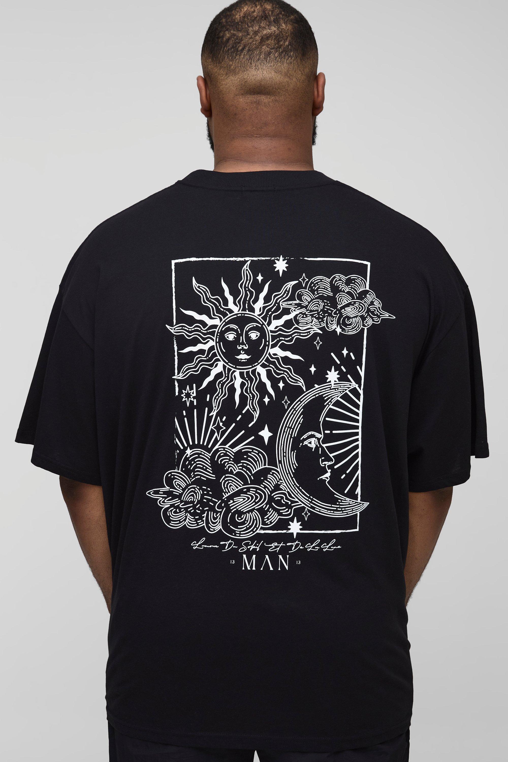 Mens Black Plus Oversized Line Drawing Print Extended Neck T-Shirt, Black