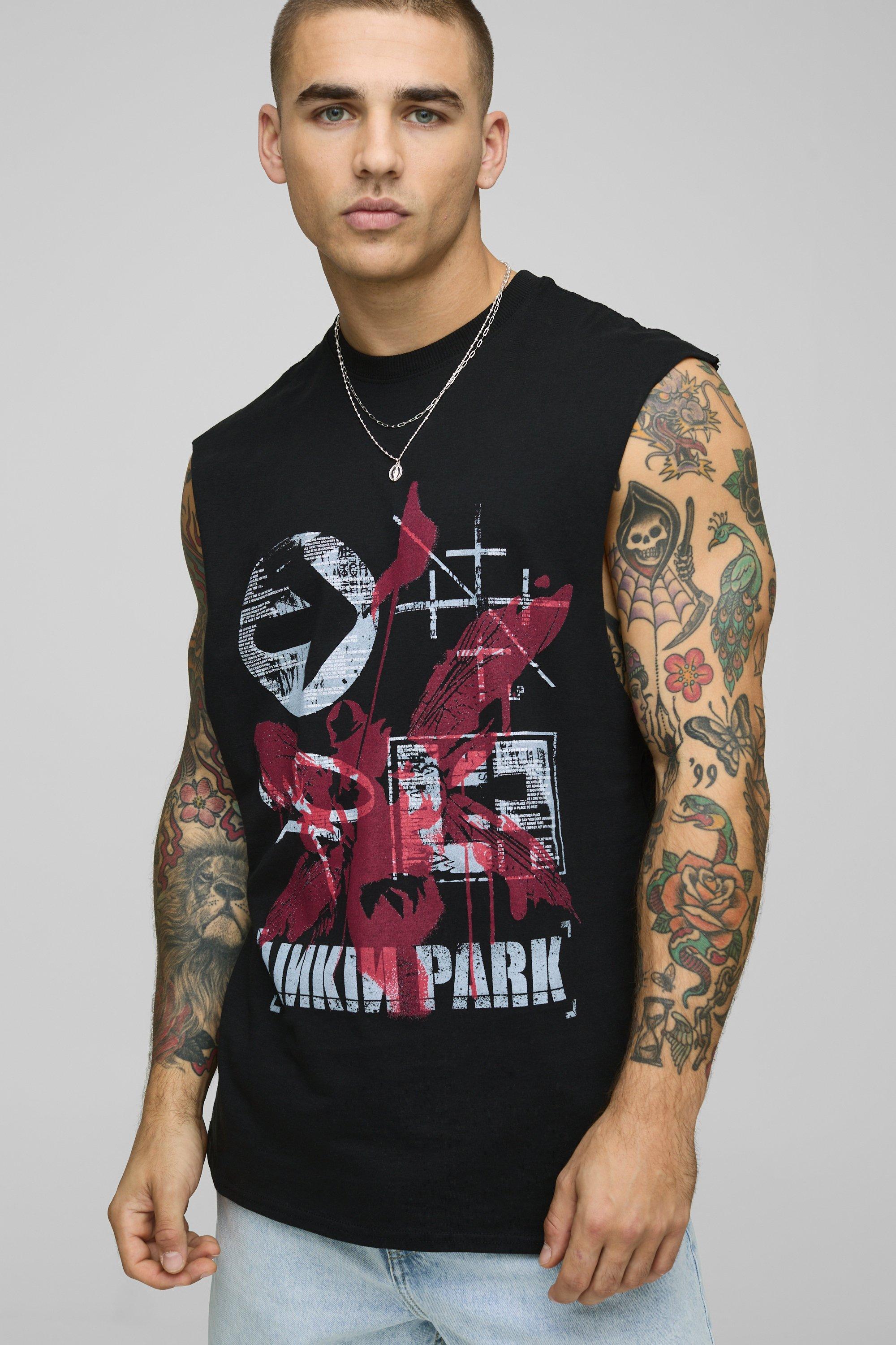 Mens Black Regular Fit Linkin Park License Printed Droparm Hole vest, Black