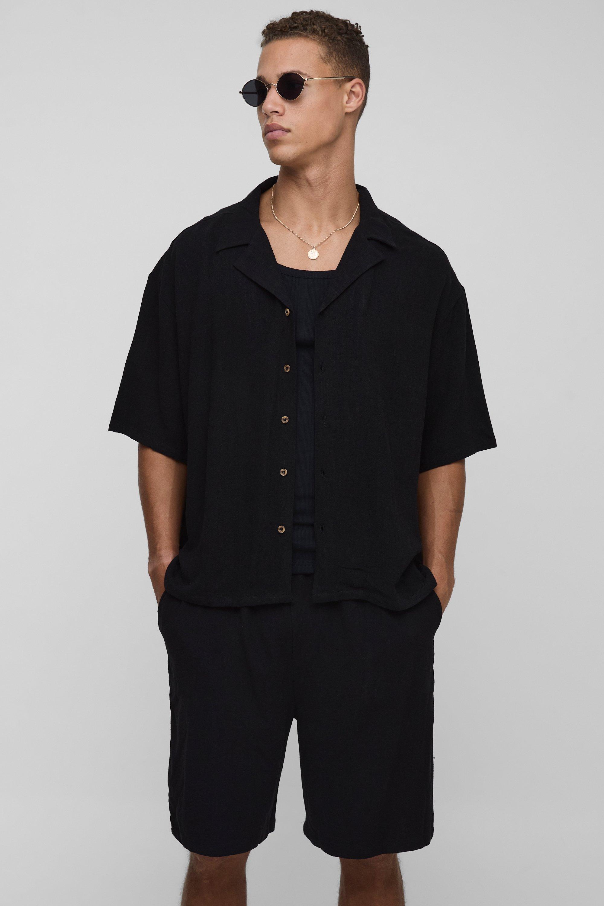 Mens Black Tall Relaxed Fit Linen Revere Shirt & Short Set, Black
