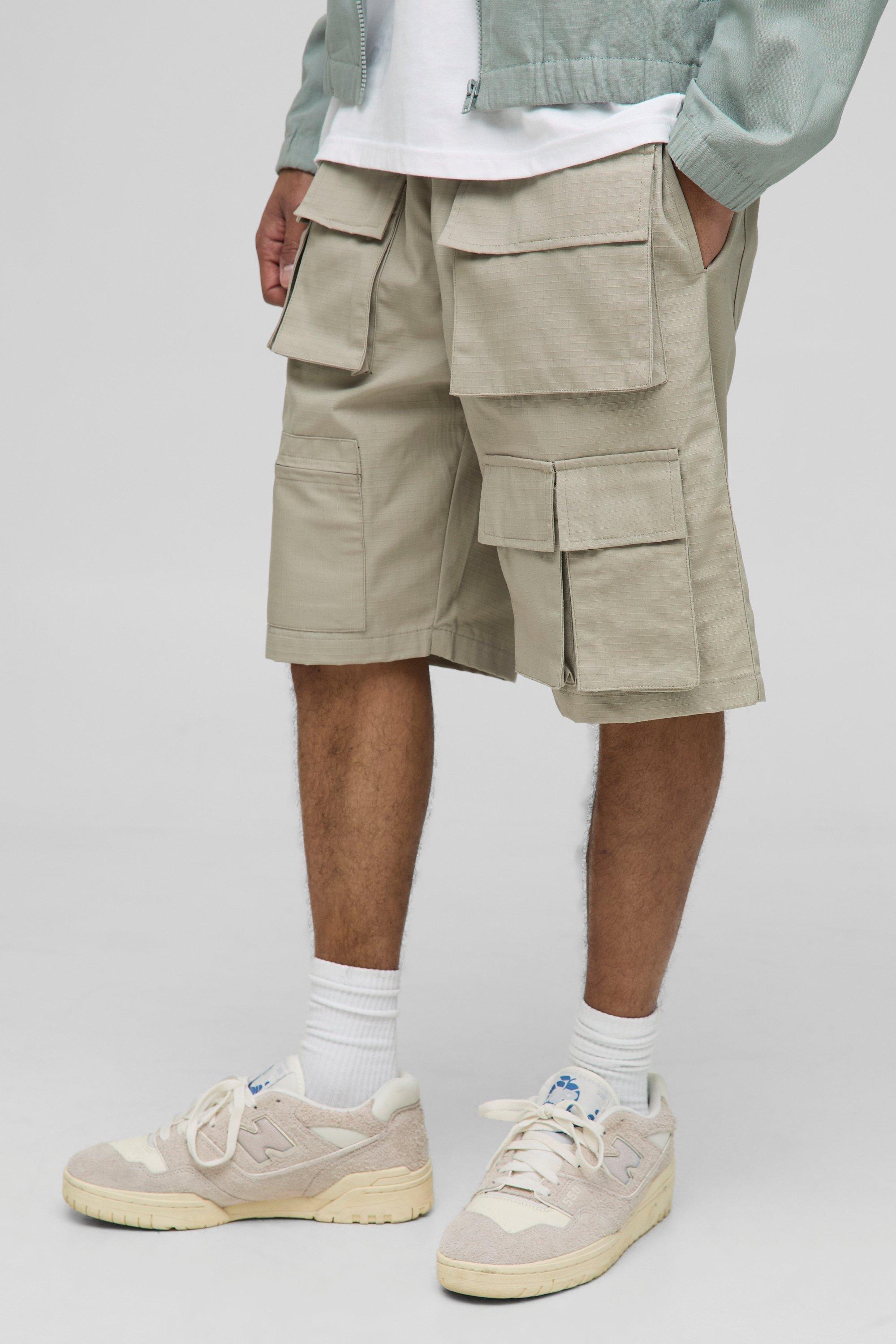 Mens Beige Elasticated Waist Relaxed Fit Ripstop Multi Pocket Cargo Shorts, Beige