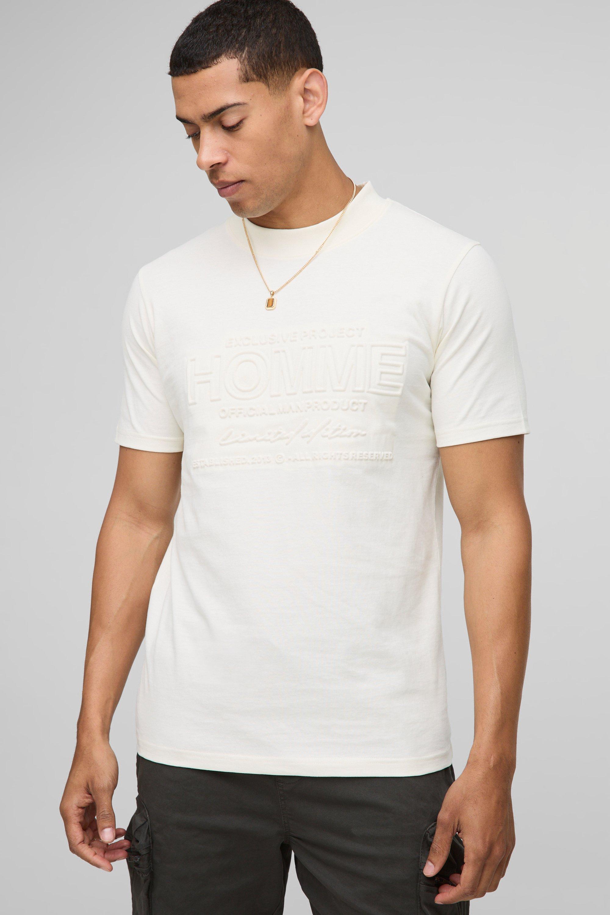 Mens Cream Slim Fit Peached Homme Embossed Extended Neck T-Shirt, Cream