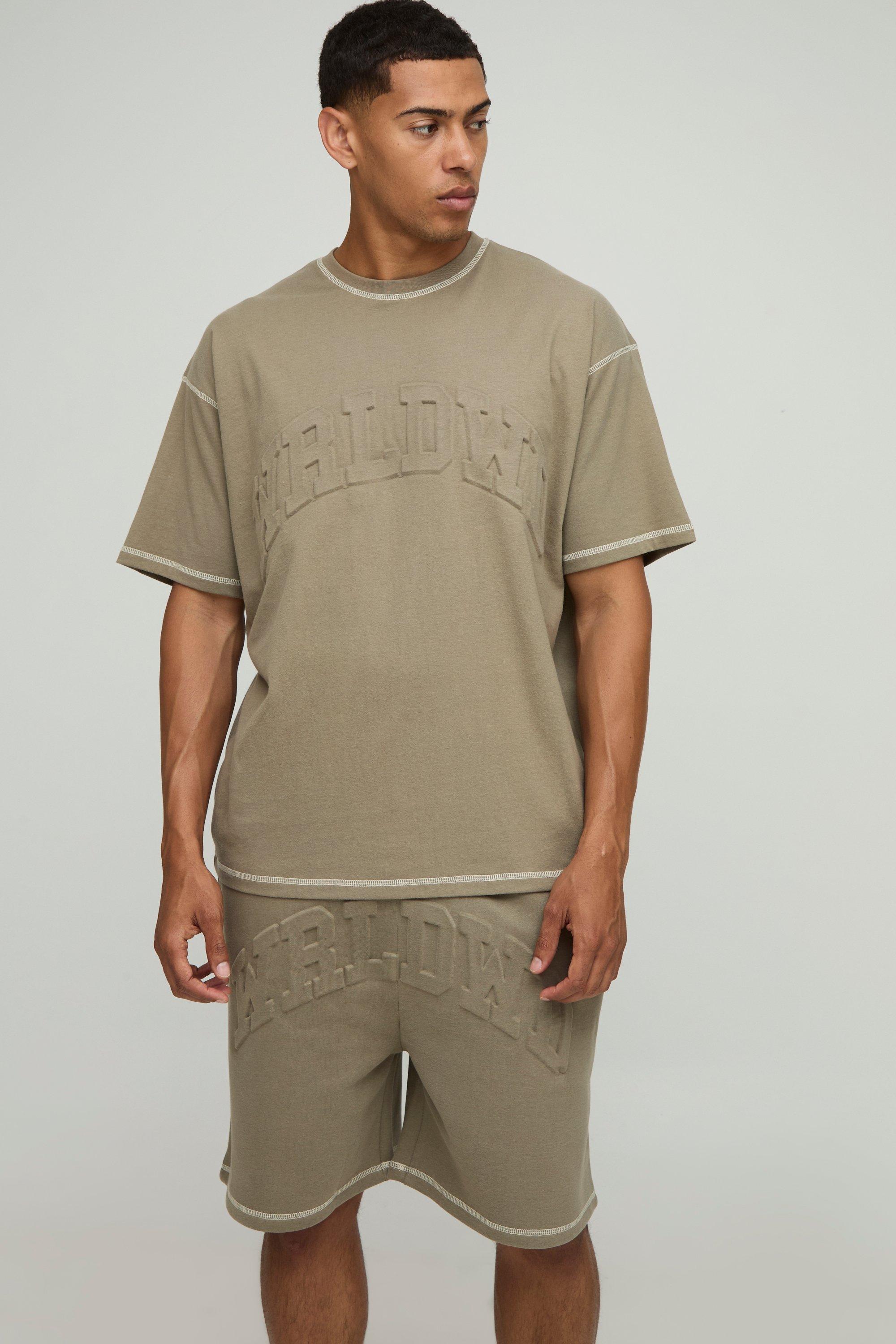 Mens Green Oversized Peached Embossed Contrast Stitch T-Shirt & Dropped Crotch Shorts Set, Green