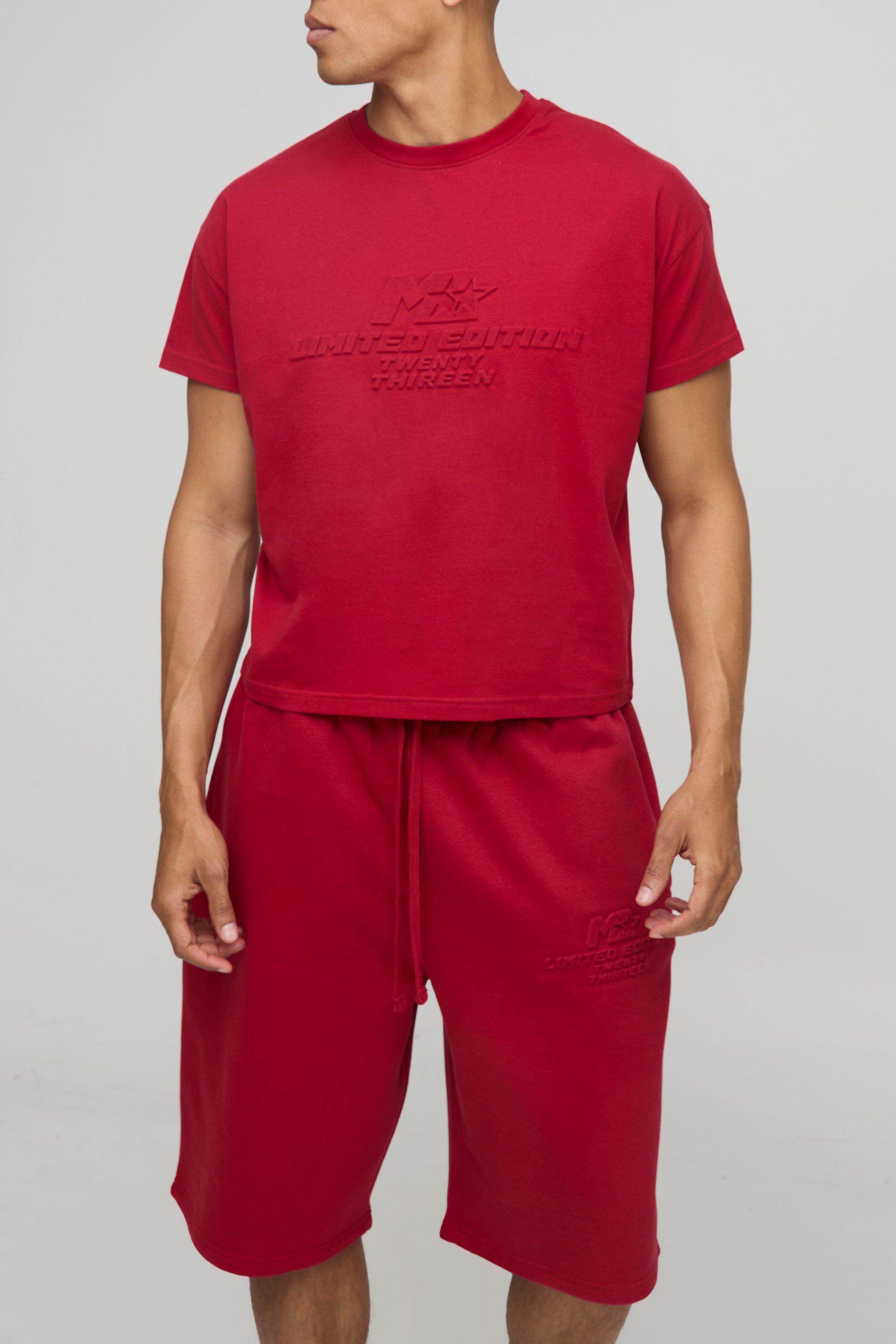Image of Oversized Shrunken Peached Washed Embossed M Star T-Shirt & Jorts Set, Rosso