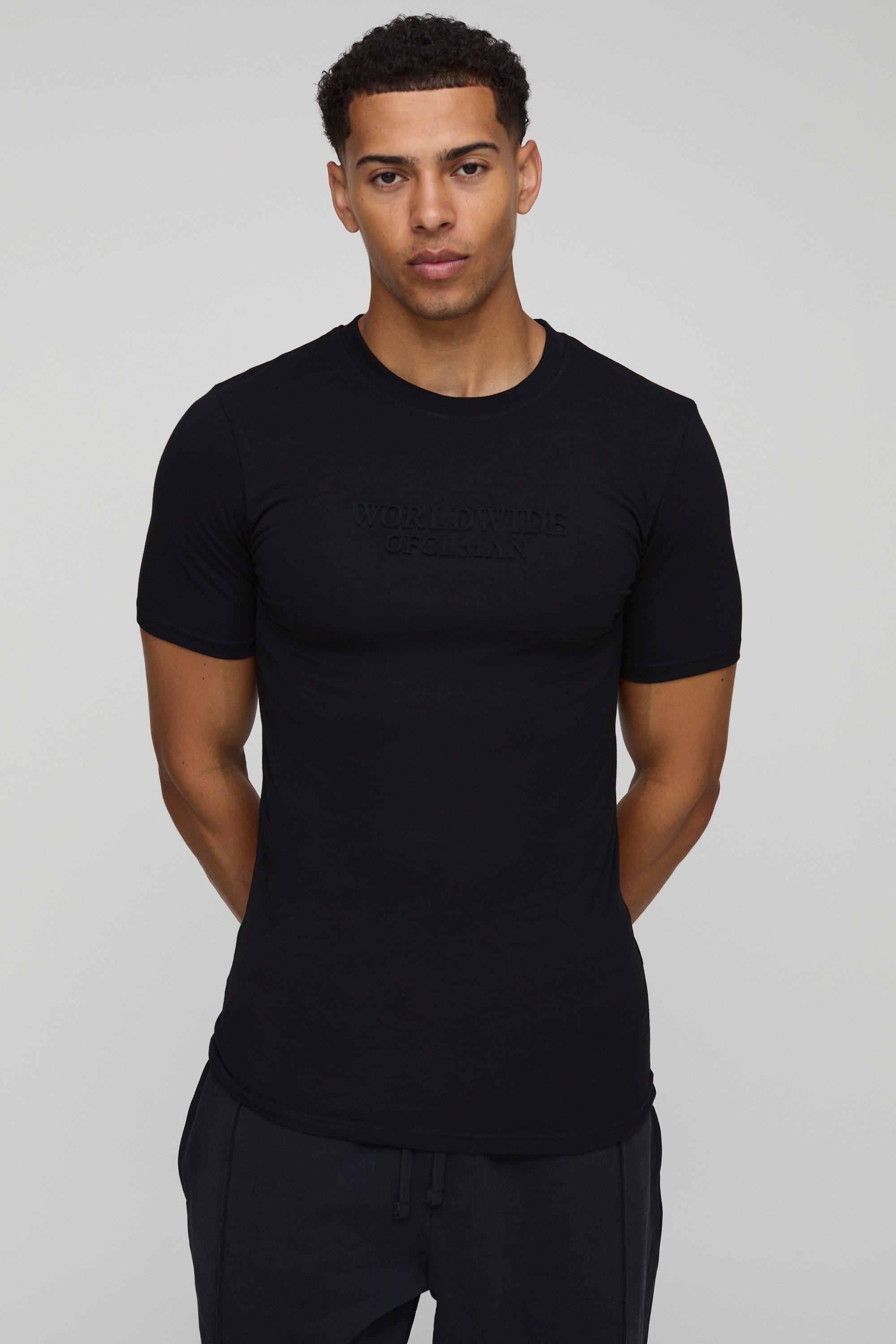 Mens Black Muscle Fit Peached Worldwide Embossed T-Shirt, Black