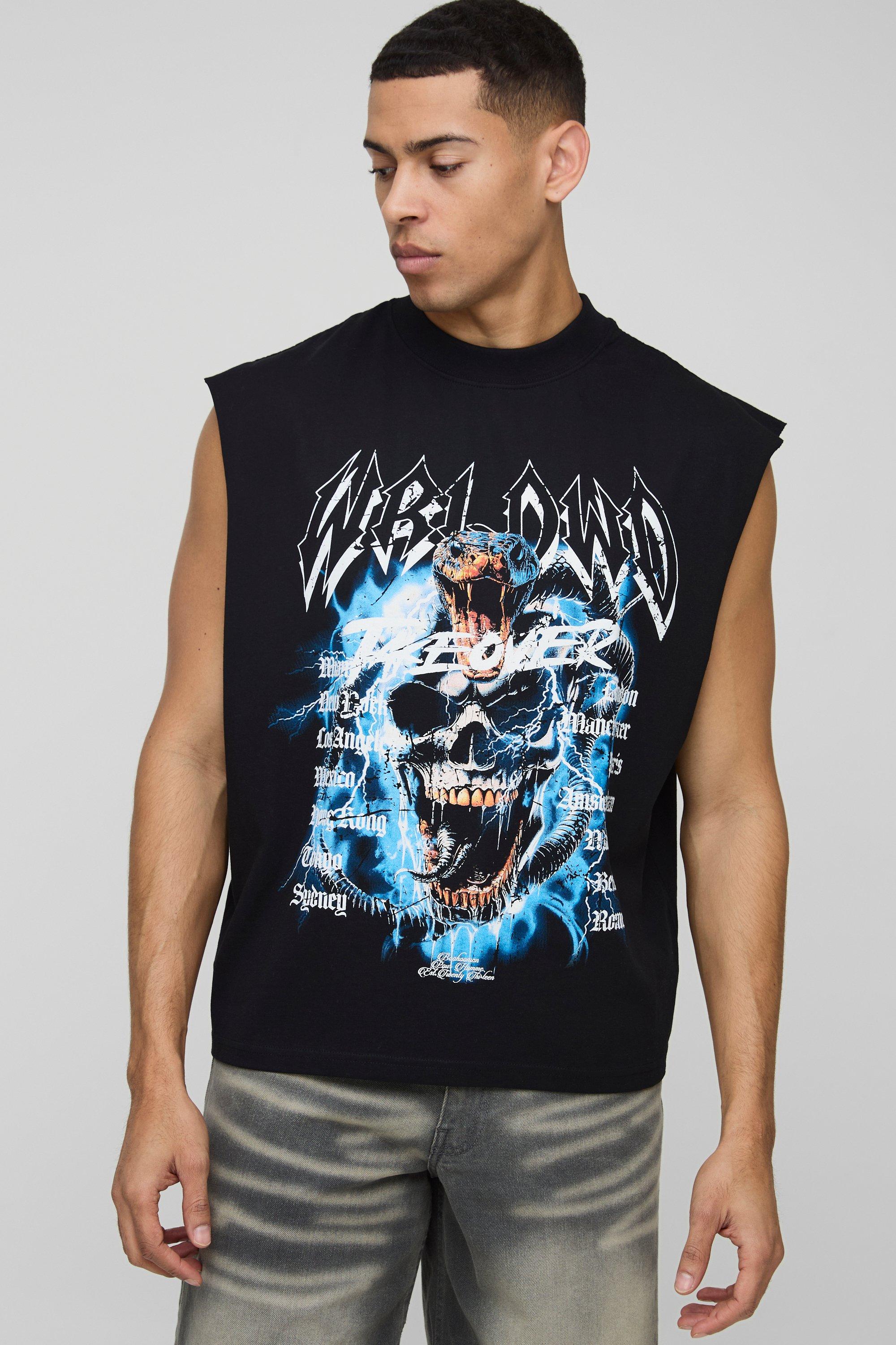 Mens Black Oversized Boxy Extended Neck Skull Graphic vest, Black
