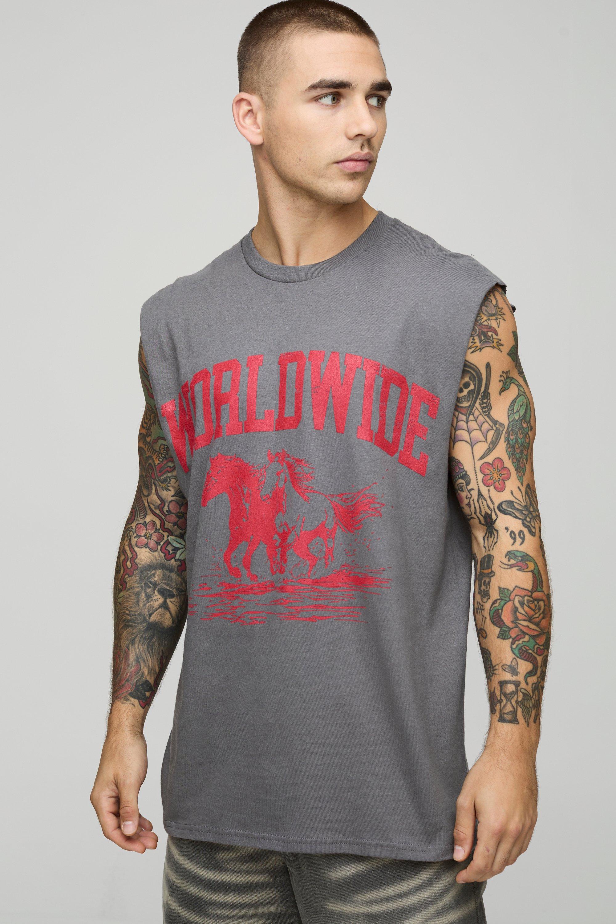 Mens Grey Oversized Worldwide Graphic vest, Grey