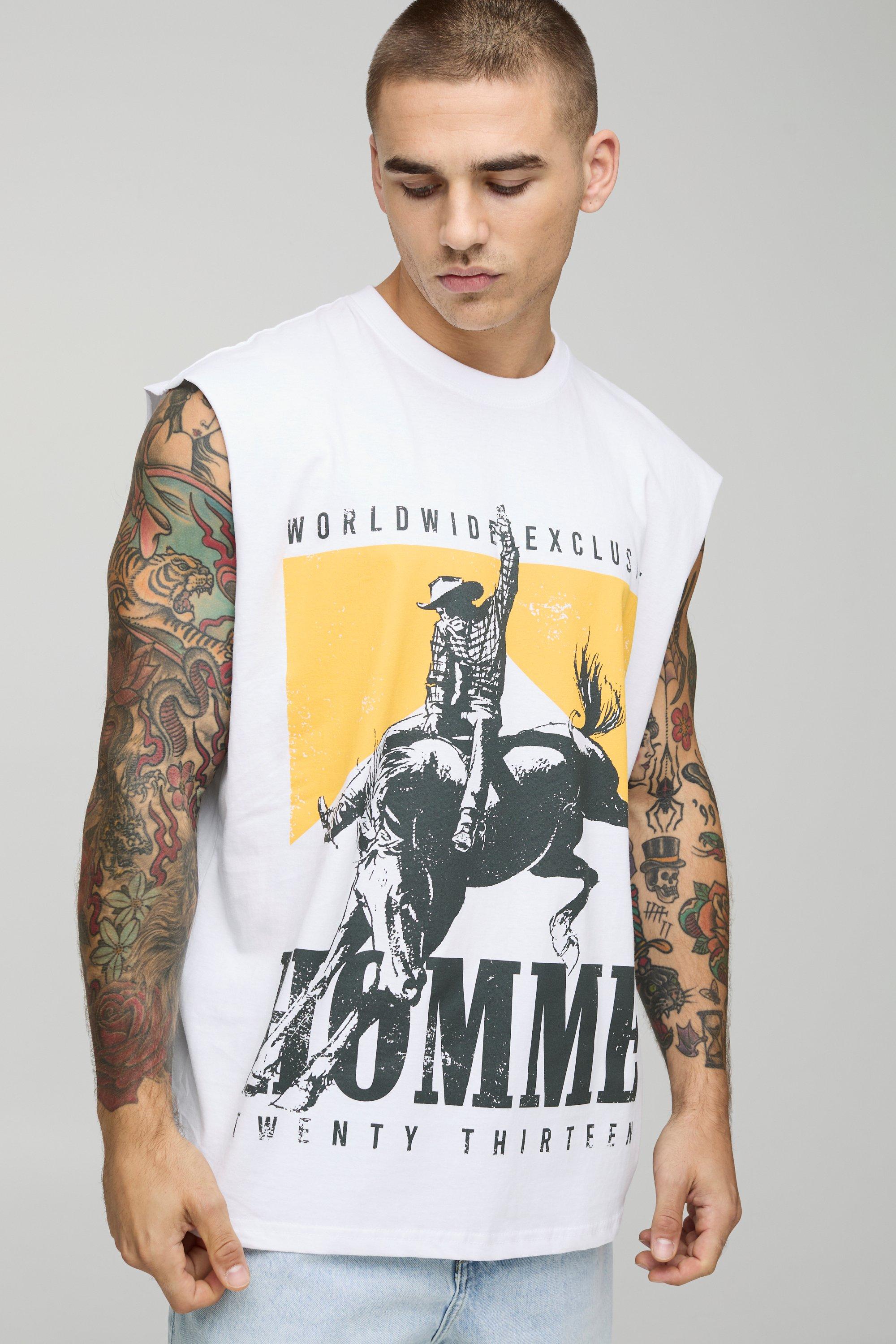 Mens White Oversized Homme Western Graphic vest, White