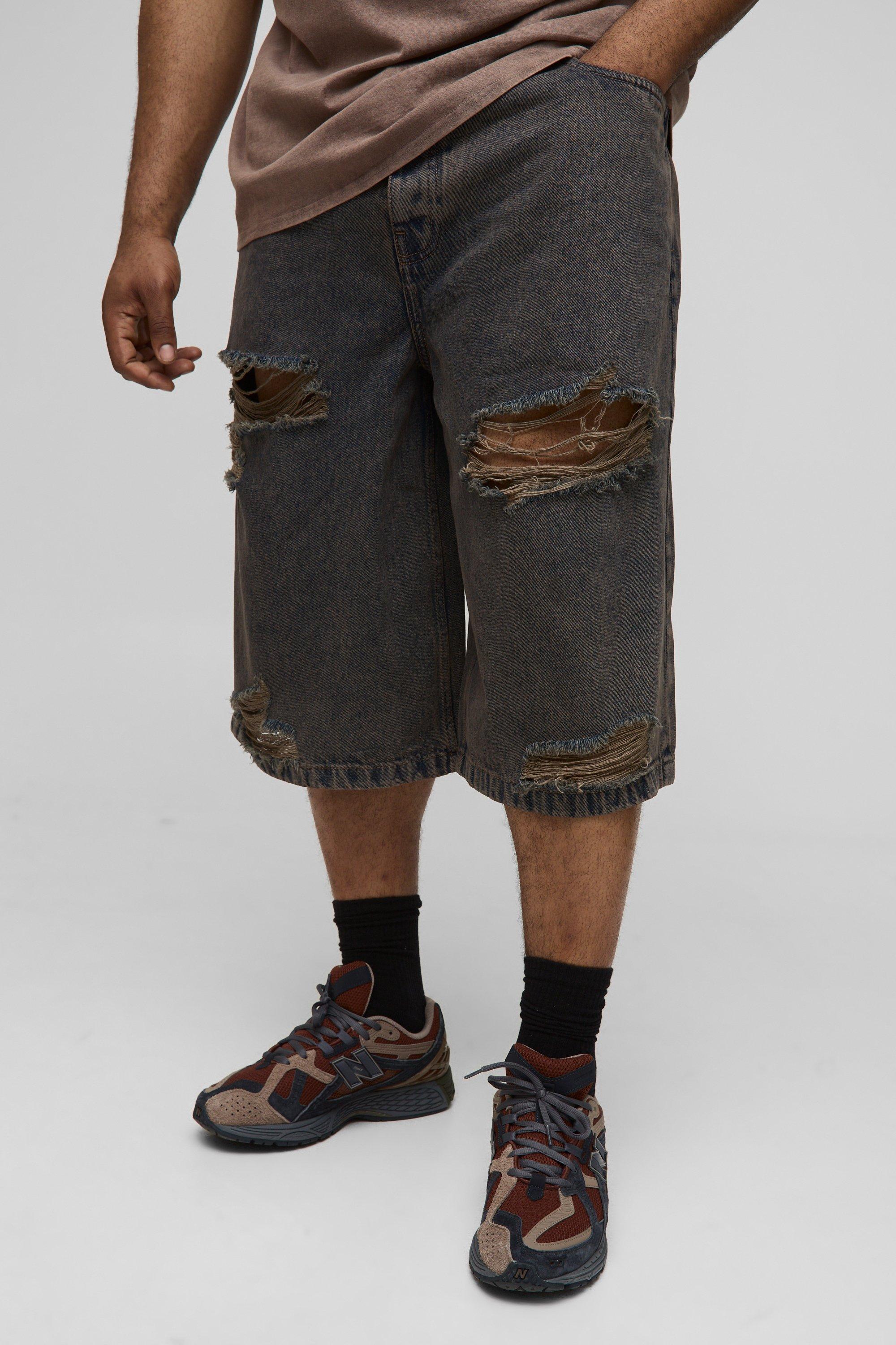 Mens Grey Plus Tinted Acid Wash Rip Knee Jorts, Grey