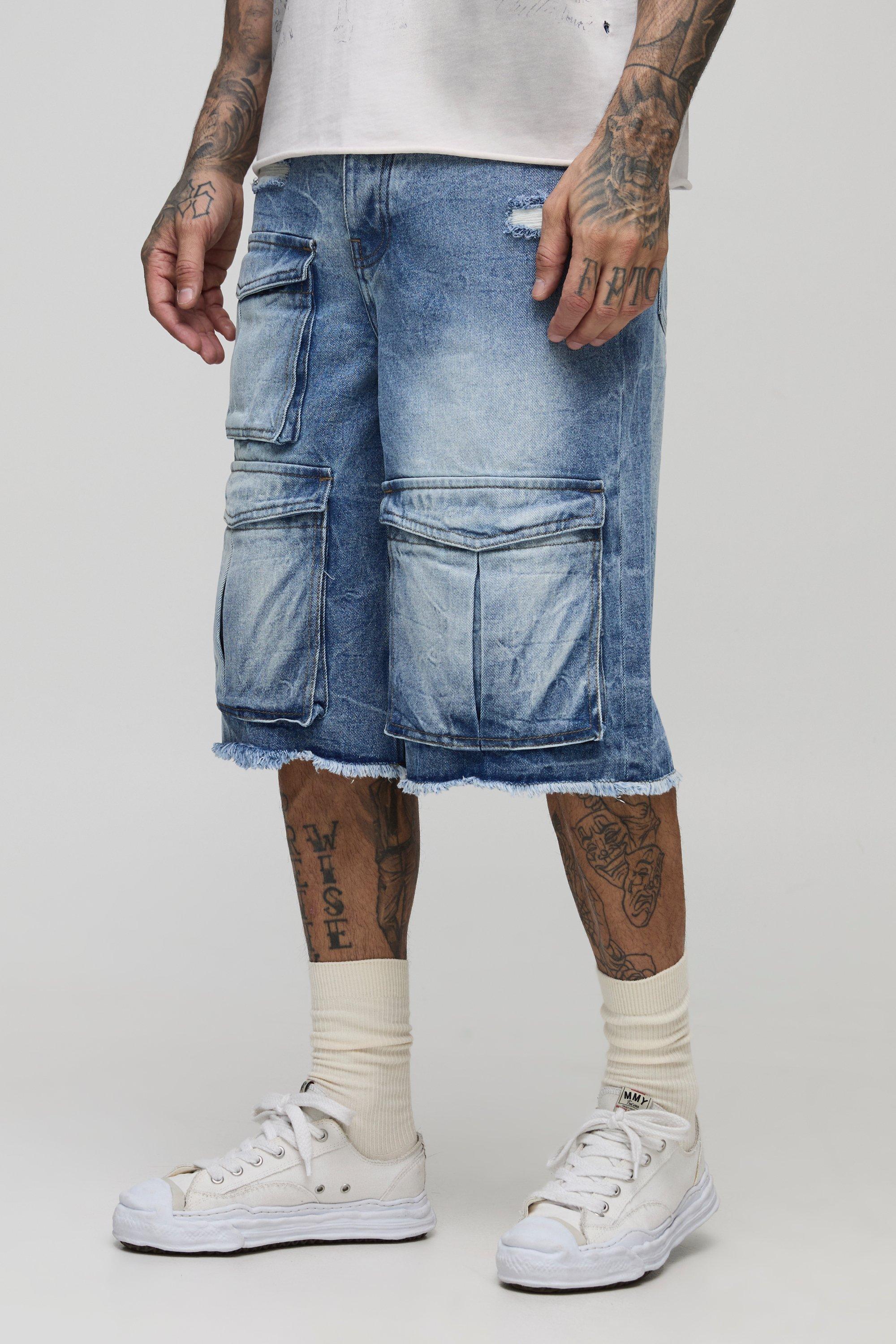 Mens Blue Tall Relaxed Fit Ice Wash Raw Hem Distressed Cargo Jorts, Blue