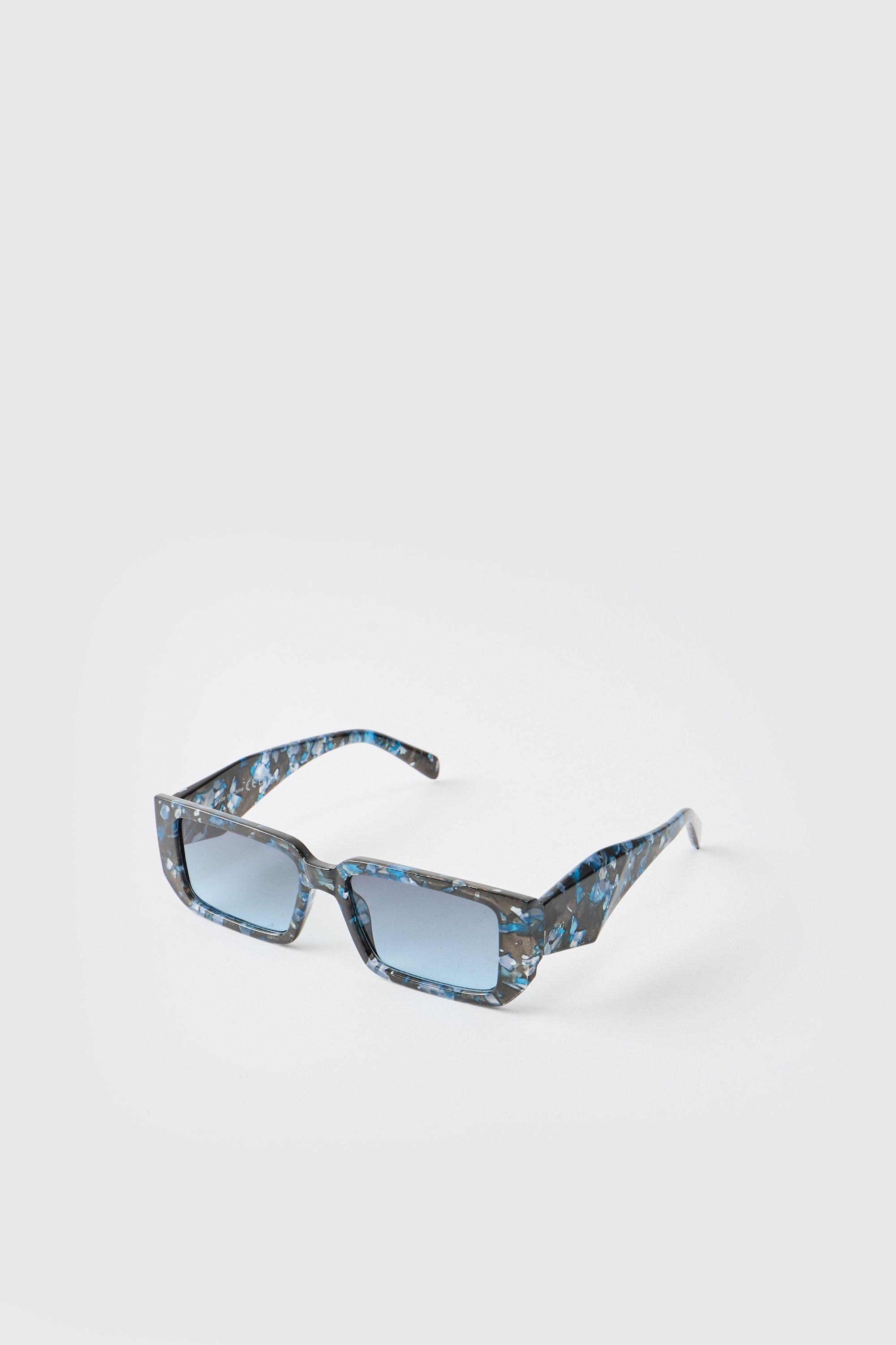 Mens Blue Marble Rectangular Sunglasses, Blue