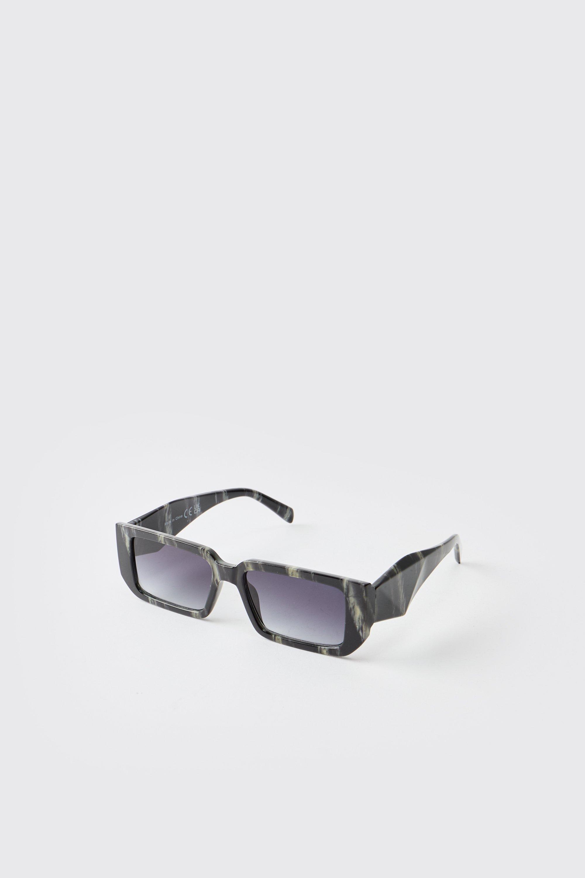 Mens Black Marble Rectangular Sunglasses, Black