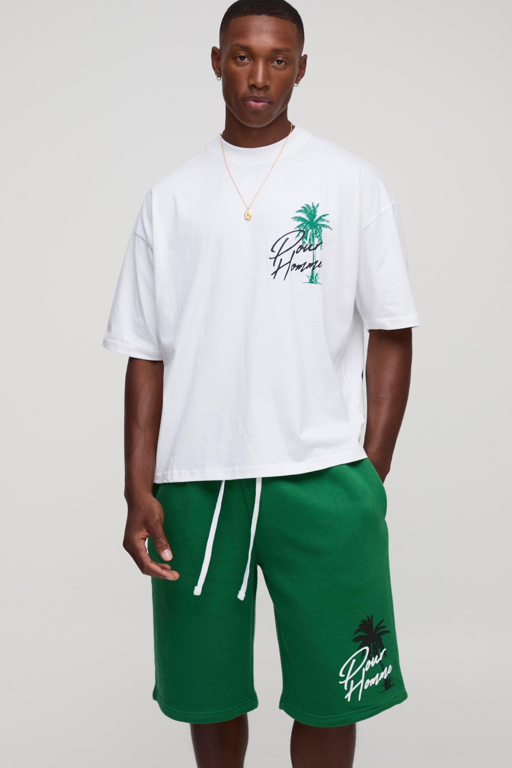 Mens Green Oversized Boxy Extended Neck Print T-Shirt And Short Set, Green