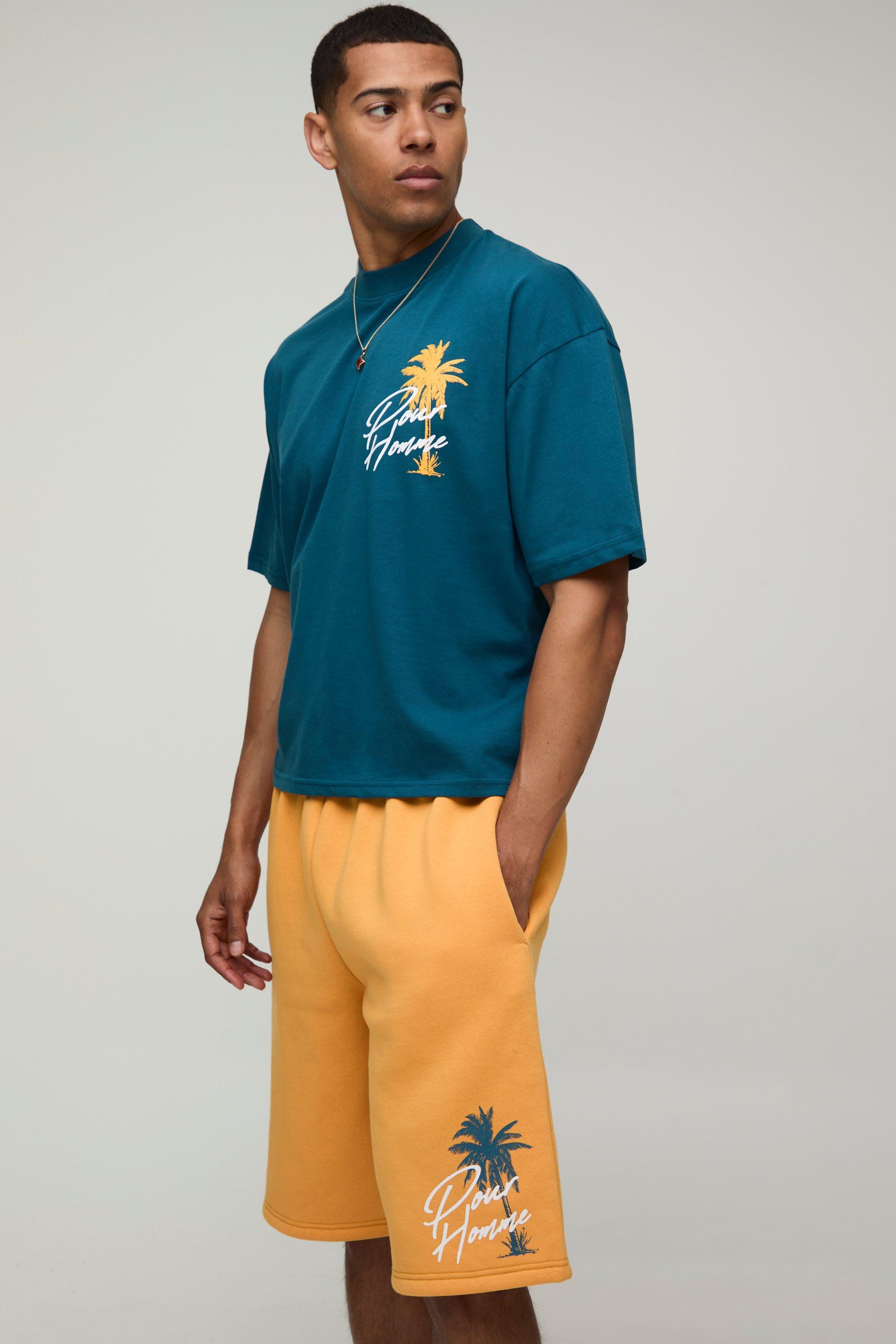 Mens Green Oversized Boxy Extended Neck Print T-Shirt And Short Set, Green