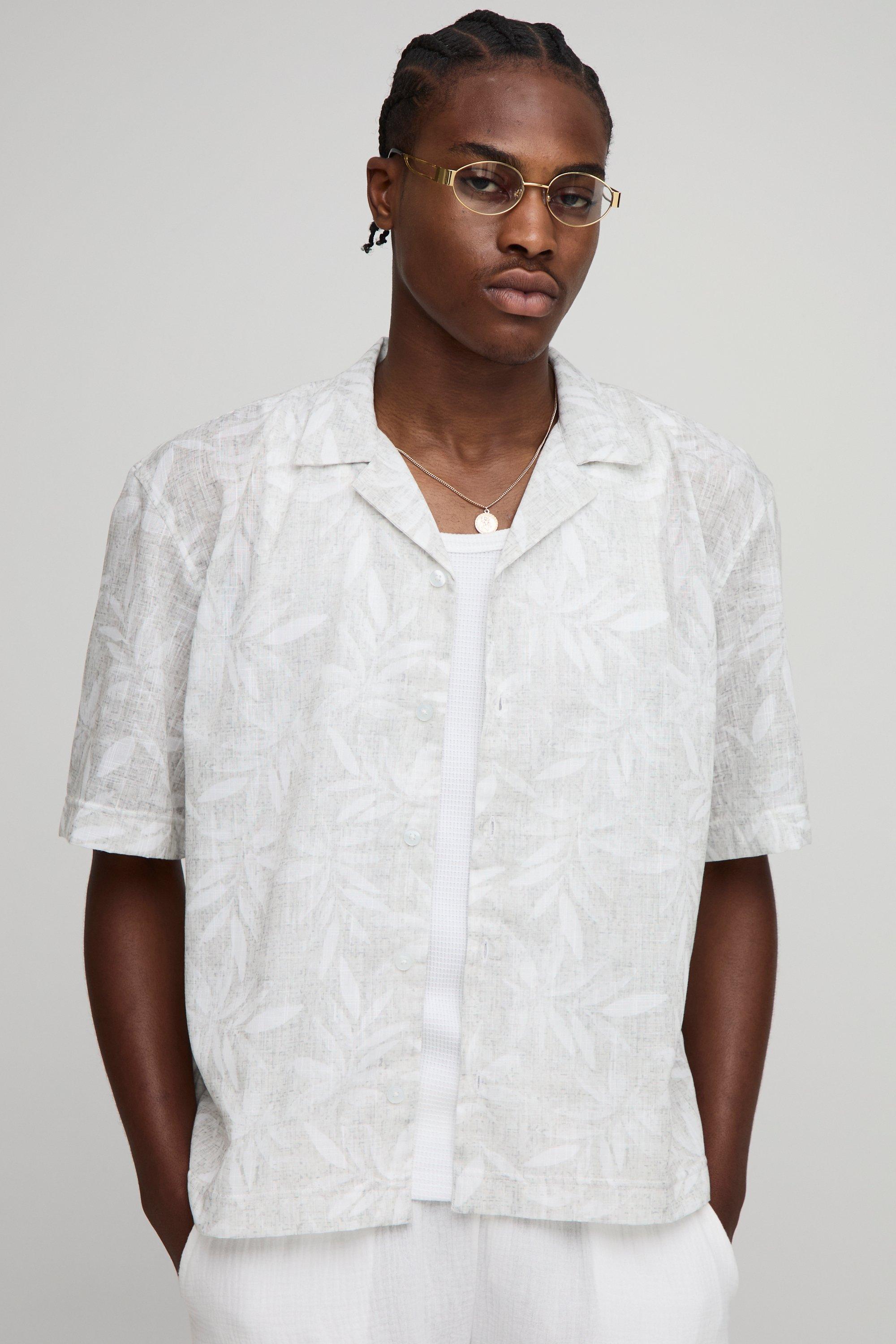 Image of Camicia oversize in tessuto fiammato con foglie e rever, Grigio