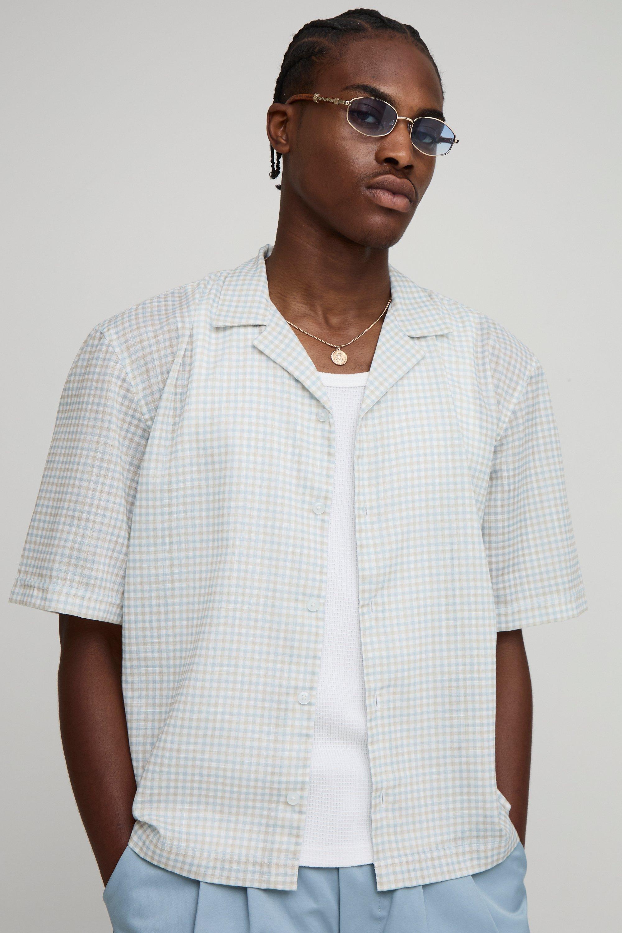 Image of Camicia oversize in tessuto fiammato a quadri piccoli con rever, Azzurro