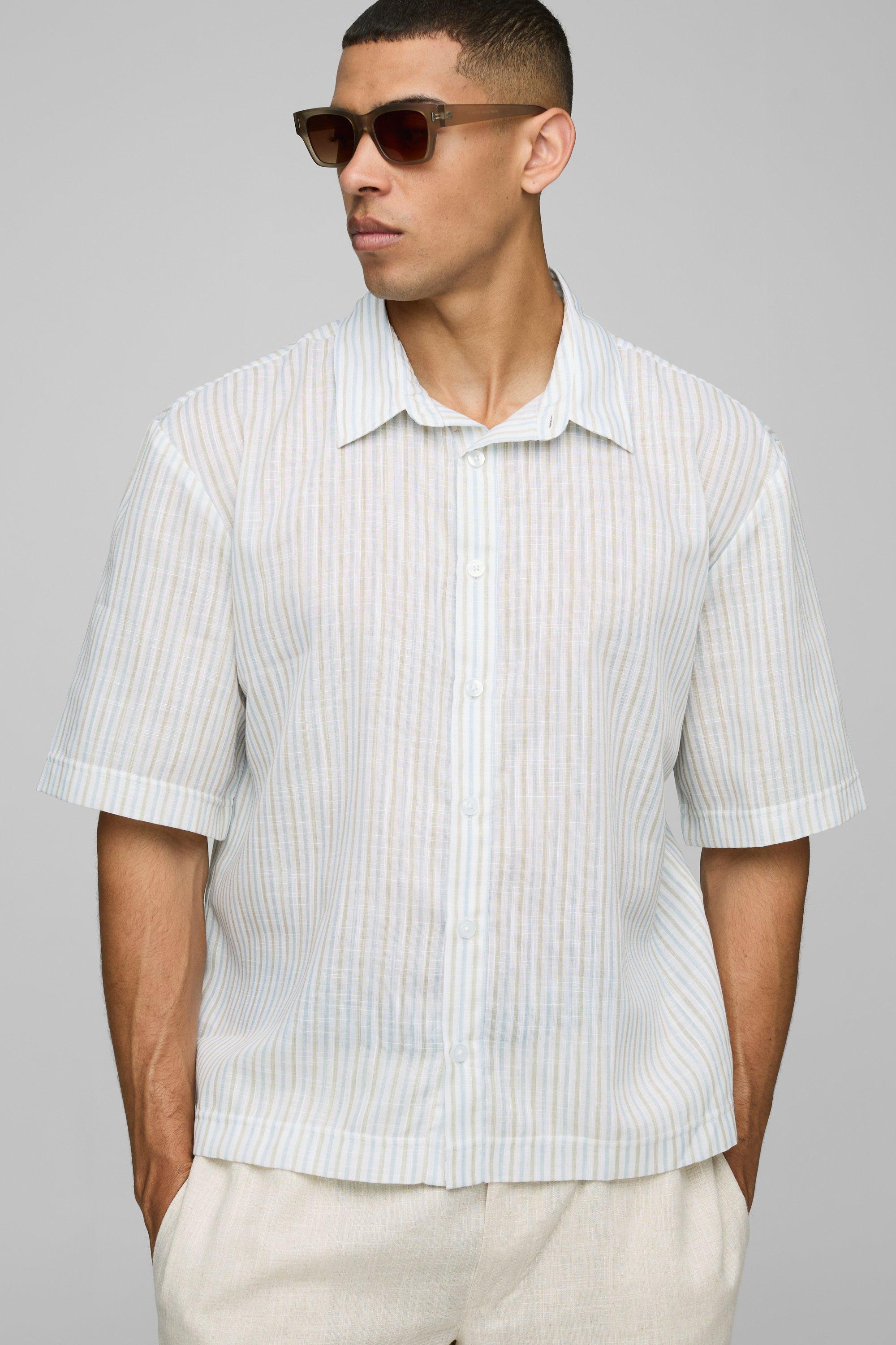 Image of Camicia oversize a maniche lunghe in tessuto fiammato a righe con colletto, Multi